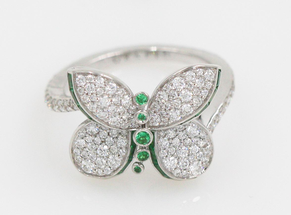 Ring size: 49 US: 5（This ring can be resize by Bouqiate）
127 Round Diamond Weighing :0.66cts
5 Round Emeralds Weighing:0.03 cts, 22 Tapered Baguette Emerald Weighing: 0.21cts
Total Diamond Weight: 0.66 cts
Total : Emerald Weight: 0.24 cts
Come with