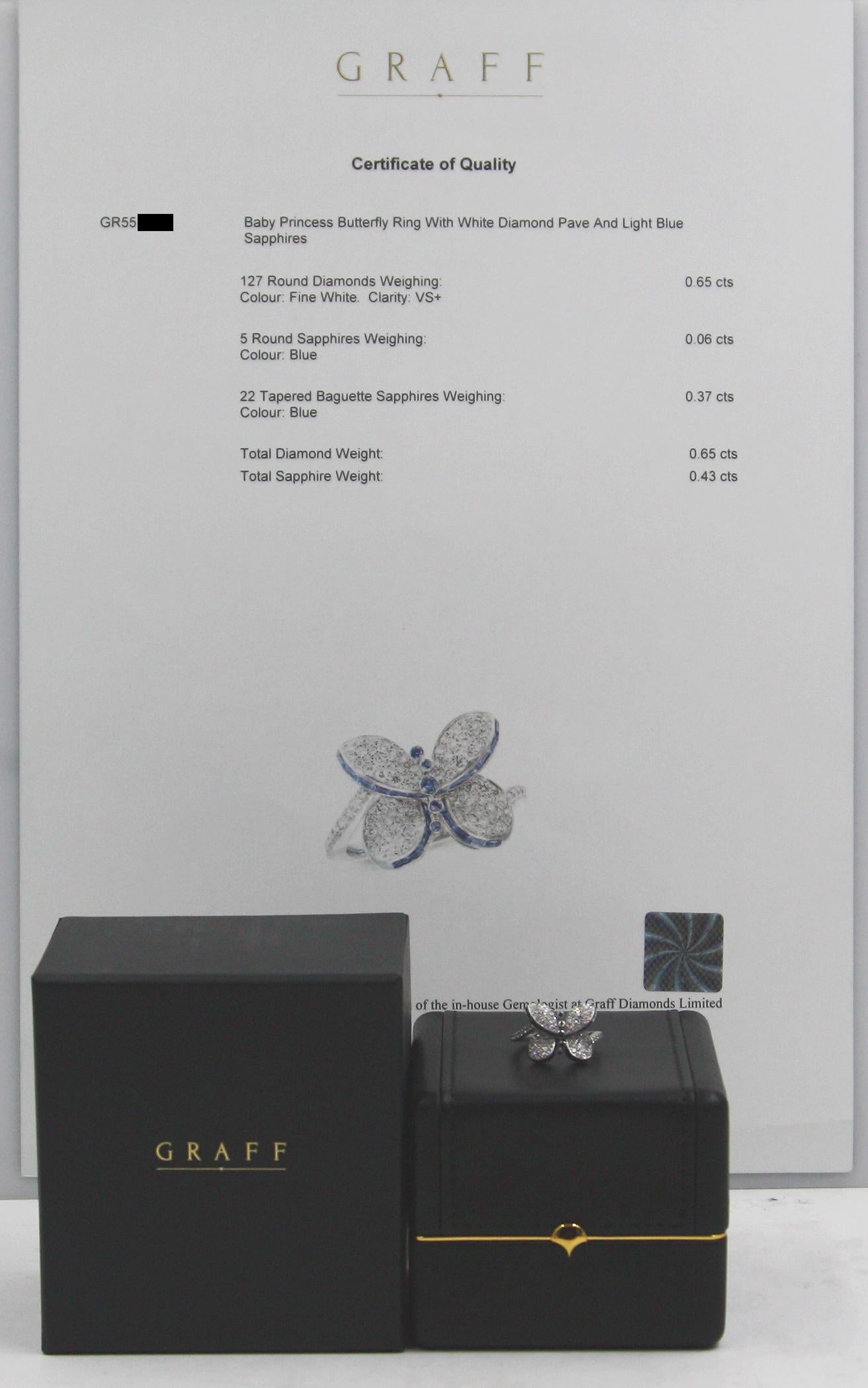 Women's Graff Baby Princess Butterfly with Diamonds and Light Blue Sapphires Ring For Sale