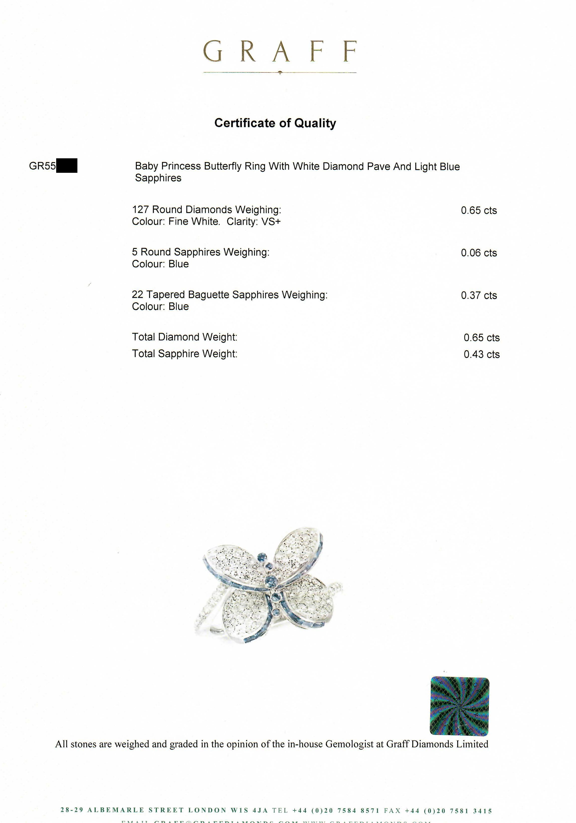 Graff Baby Princess Butterfly with Diamonds and Light Blue Sapphires Ring For Sale 1