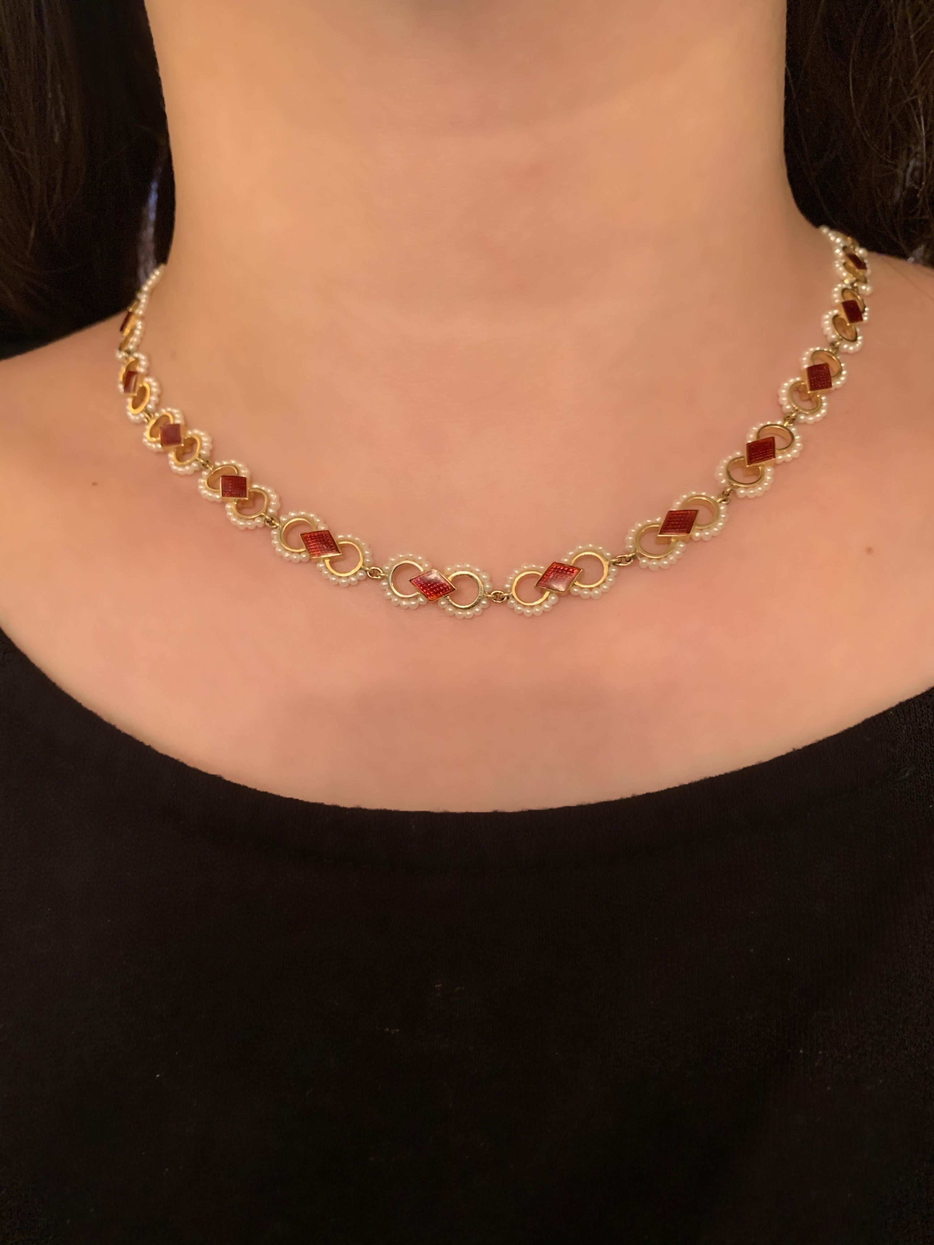 Art Nouveau Baby Seed Pearl and Red Enamel Necklace in 18 Karat Gold For Sale