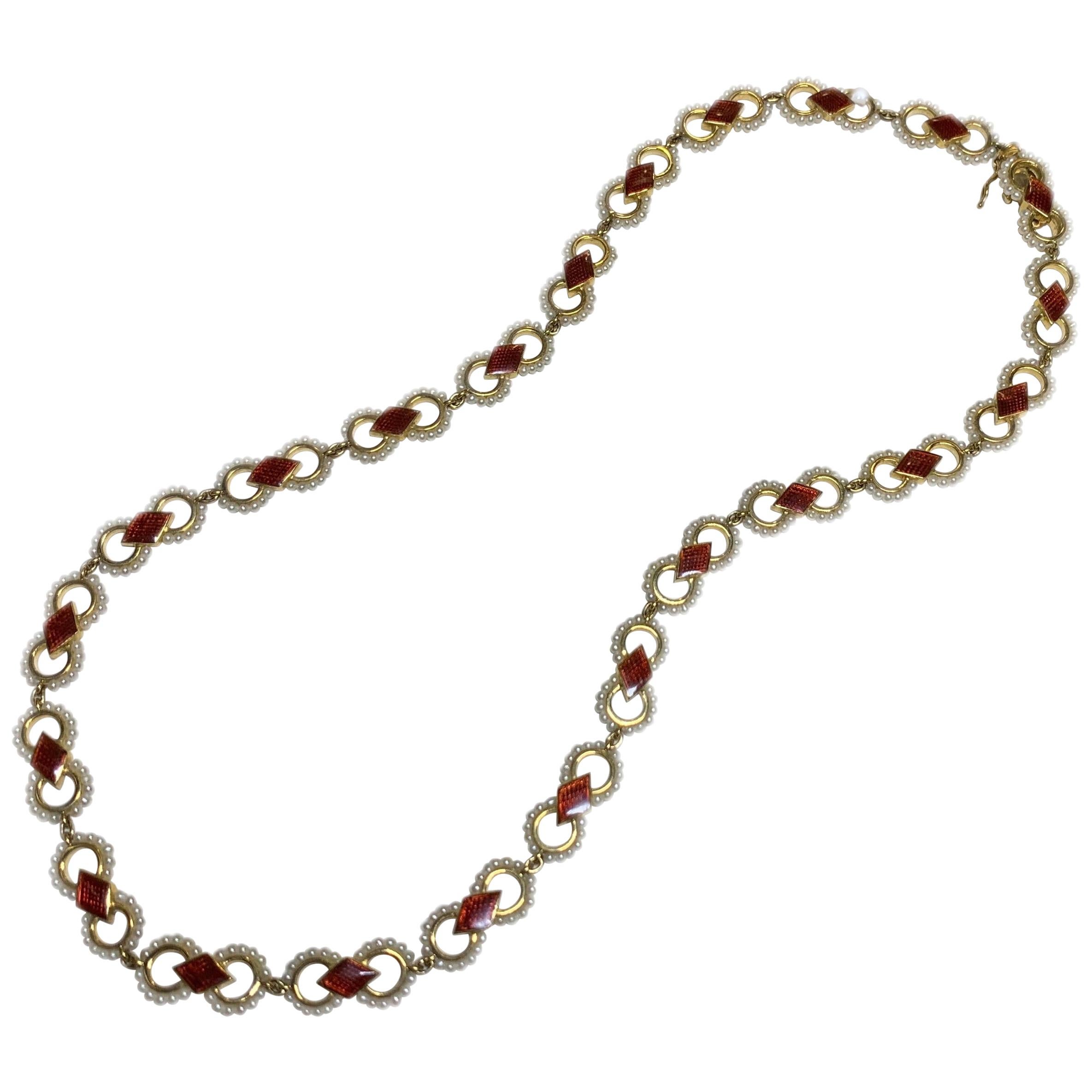 Baby Seed Pearl and Red Enamel Necklace in 18 Karat Gold For Sale
