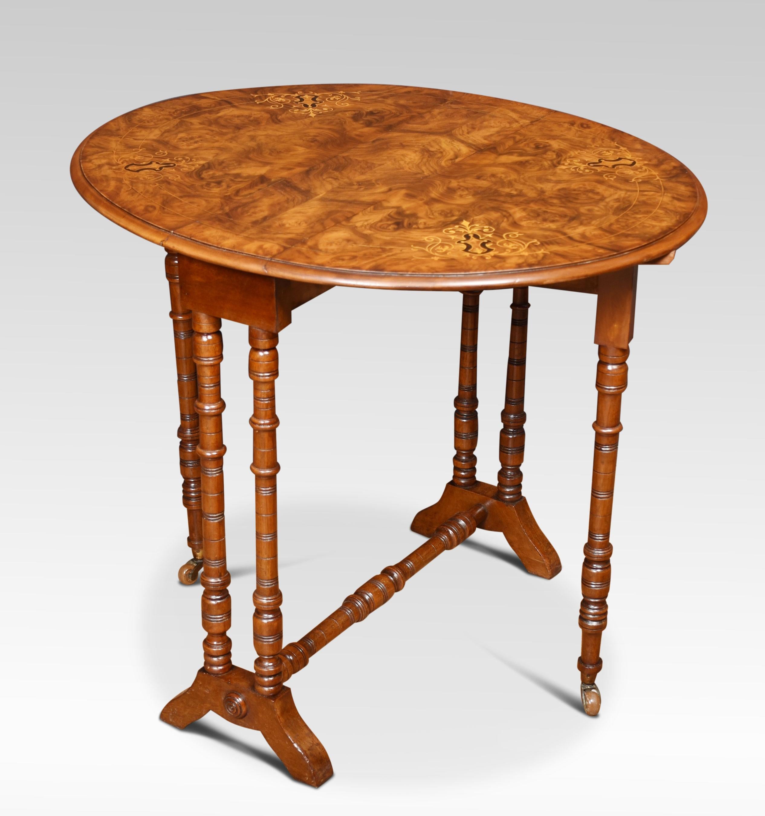 19th century Sutherland table, the oval well-figured burr walnut inlaid top with a moulded edge. Raised up on turned legs united by stretchers.
Dimensions
Height 26.5 inches
Width 6.5 inches when open 31 inches
Depth 26 inches.