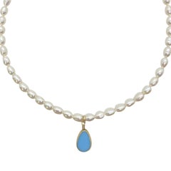 Babyblue Vintage German Glass Beads edged with 24K gold on Pearls, Alex Necklace
