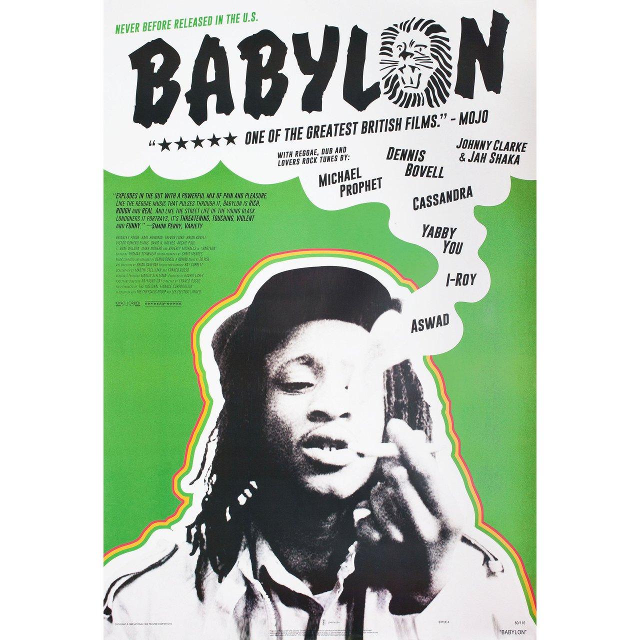 Original 2019 U.S. one sheet poster for the first U.S. theatrical release of the 1980 film Babylon directed by Franco Rosso with David N. Haynes / Trevor Laird / Victor Romero Evans / Brian Bovell. Very good-fine condition, rolled. Please note: the