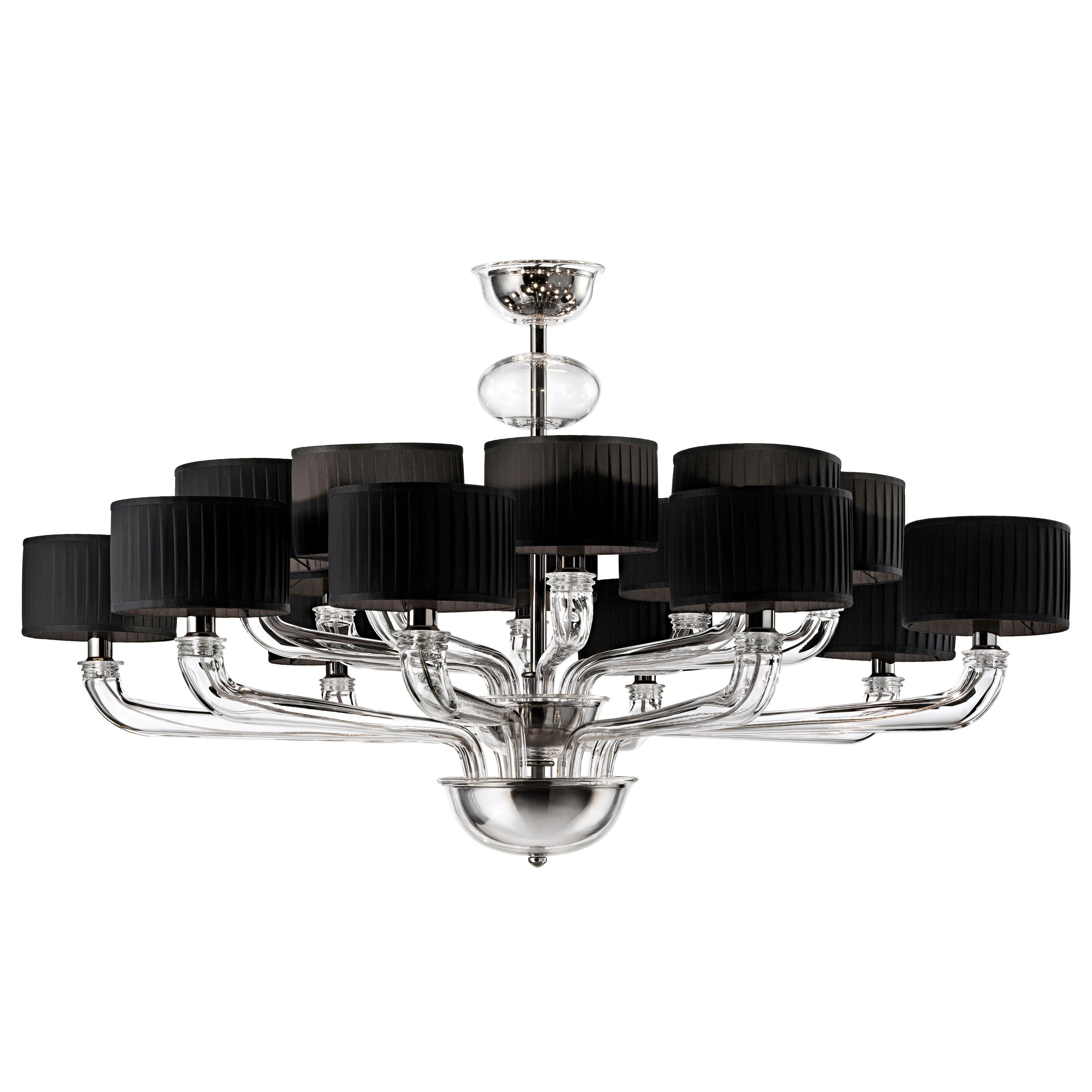 Clear (Crystal_CC) Babylon 5599 16 Chandelier in Dark Chrome and Black Shade, by Barovier&Toso