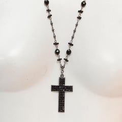 BABYLONE PARIS gunmetal crystal cross black beads rosary necklace