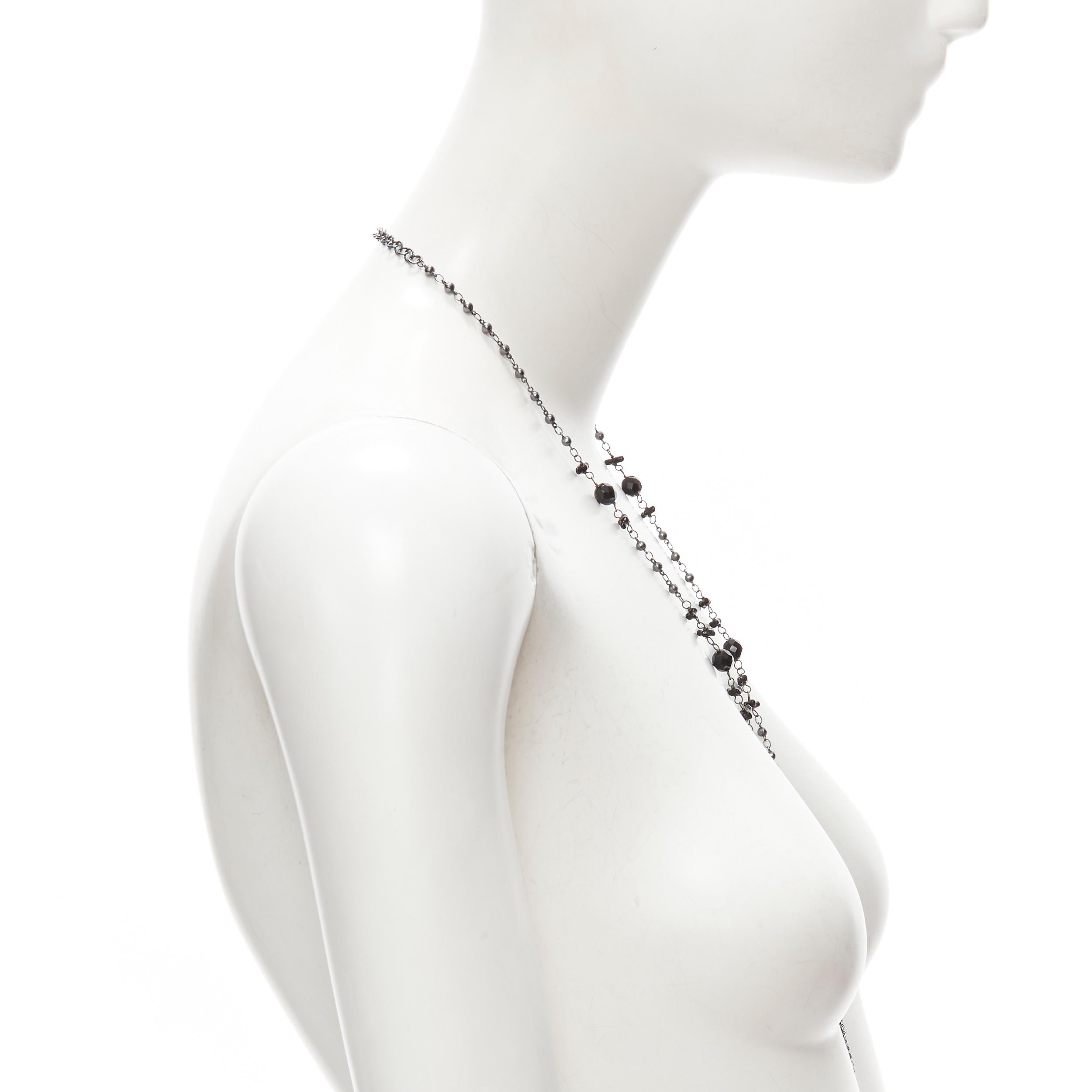 Women's BABYLONE PARIS gunmetal crystal cross black beads rosary necklace For Sale