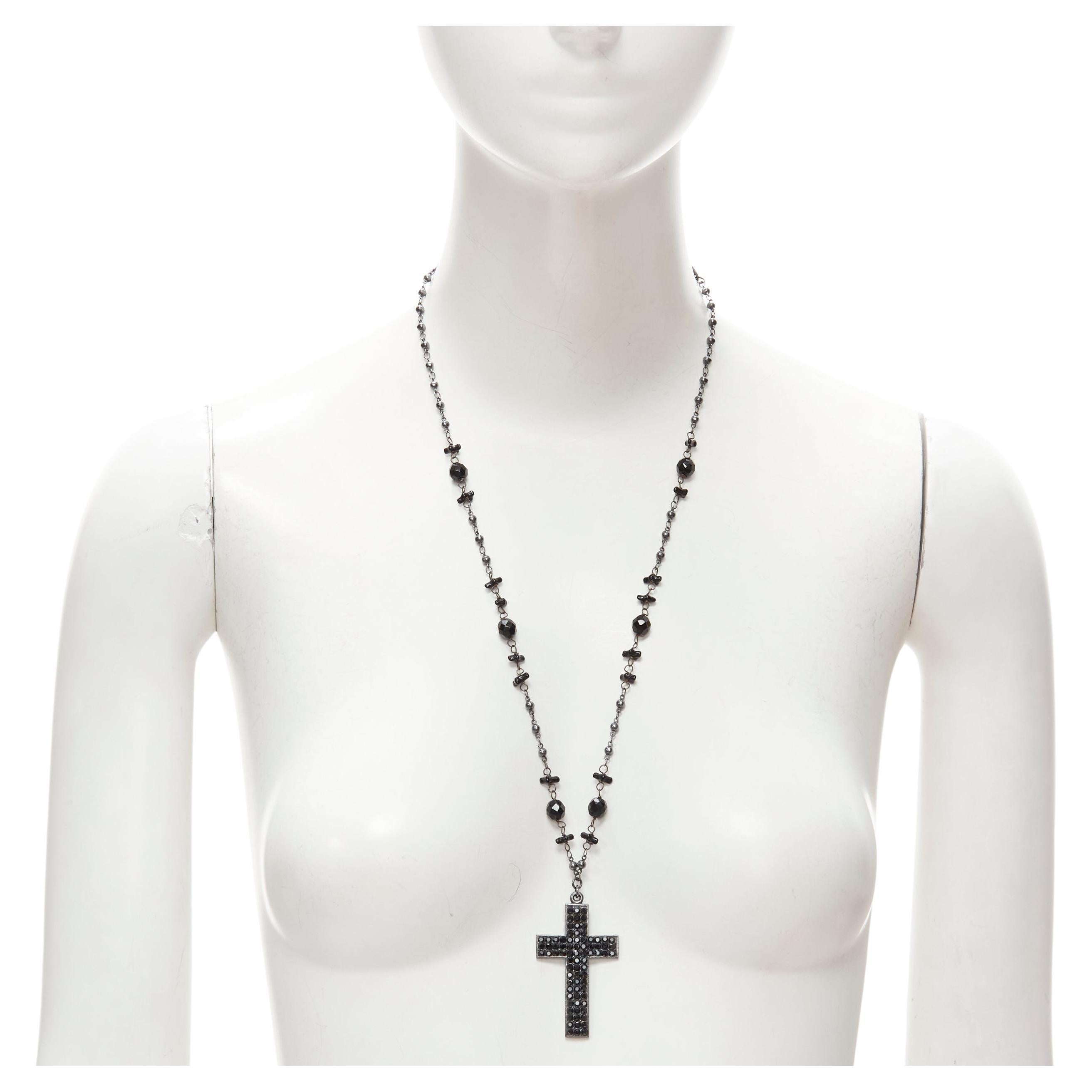 BABYLONE PARIS gunmetal crystal cross black beads rosary necklace For Sale