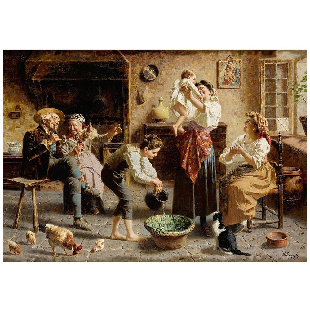 Il bagno del bambino di Eugenio Zampighi, Pittura ad olio firmata