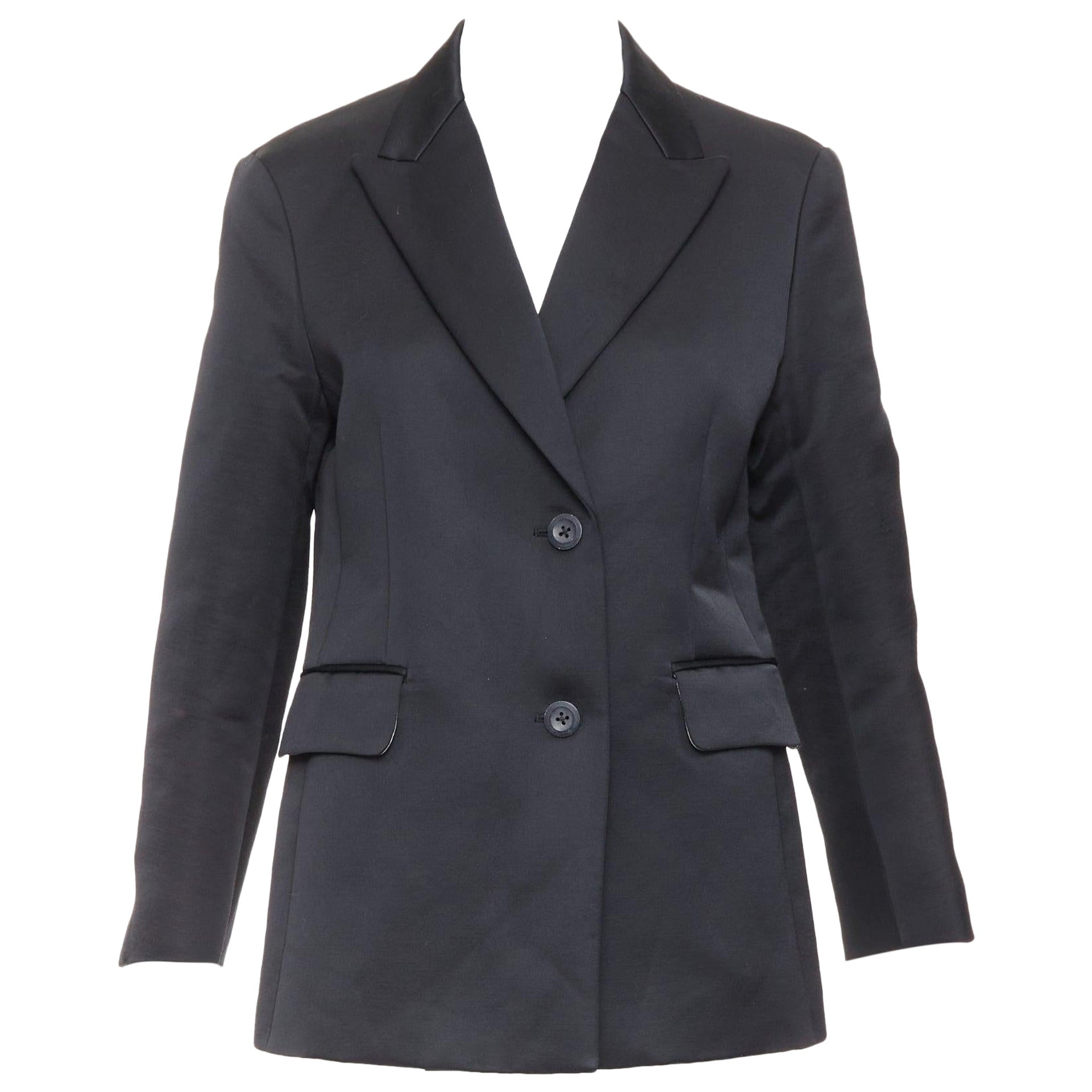 BACCA black satin cropped sleeves single breasted boxy tuxedo blazer