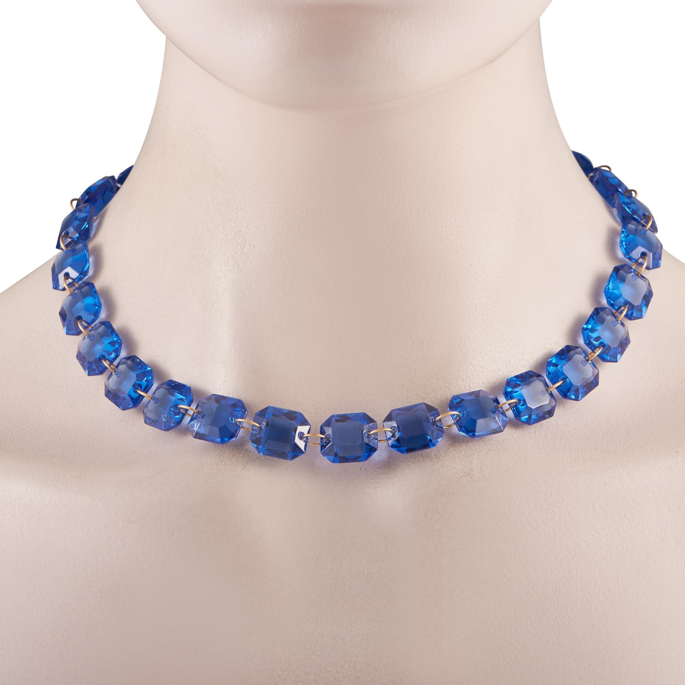 Mixed Cut Baccarat 18K Yellow Gold Blue Crystal Necklace and Earrings Set For Sale