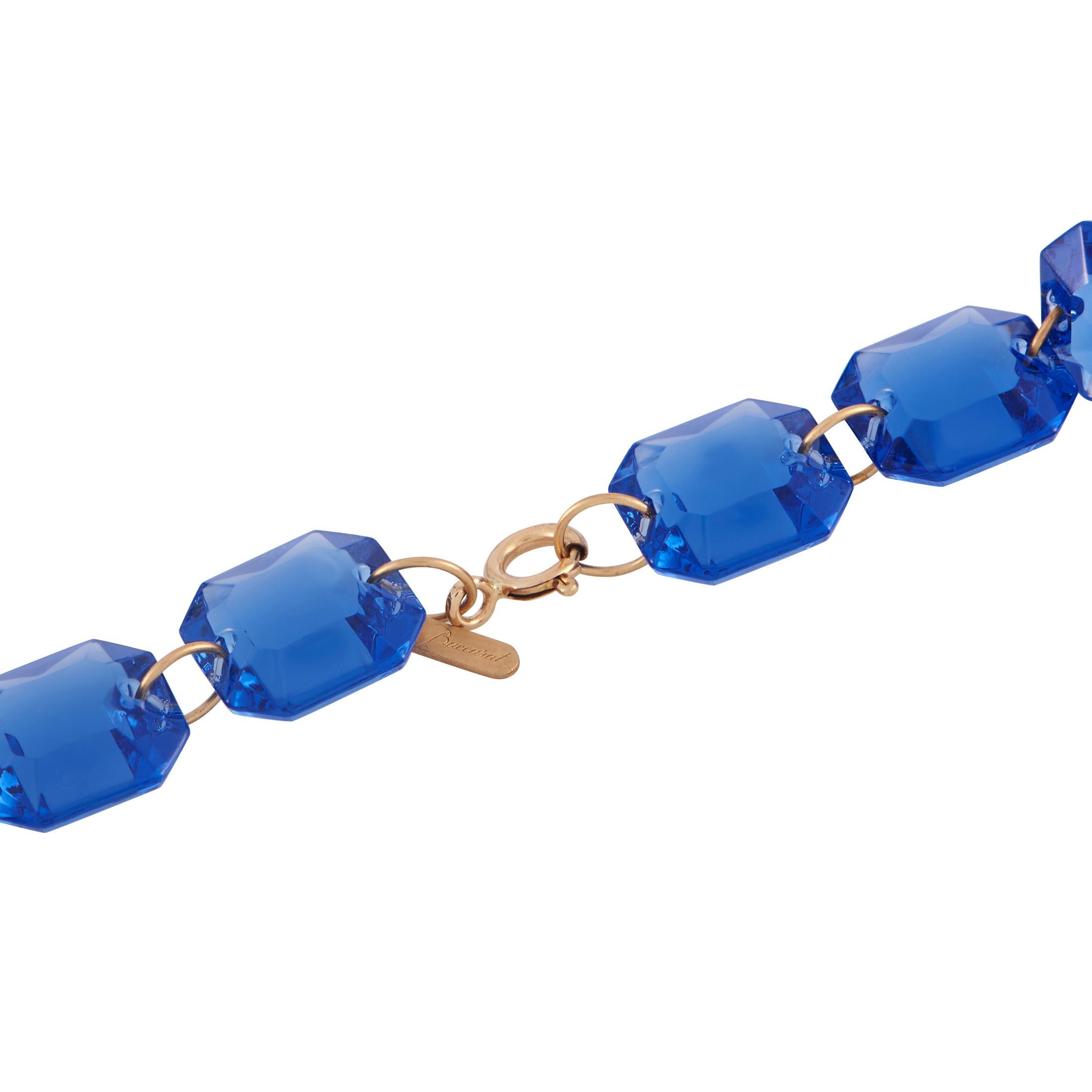 Baccarat 18K Yellow Gold Blue Crystal Necklace and Earrings Set In New Condition For Sale In Southampton, PA
