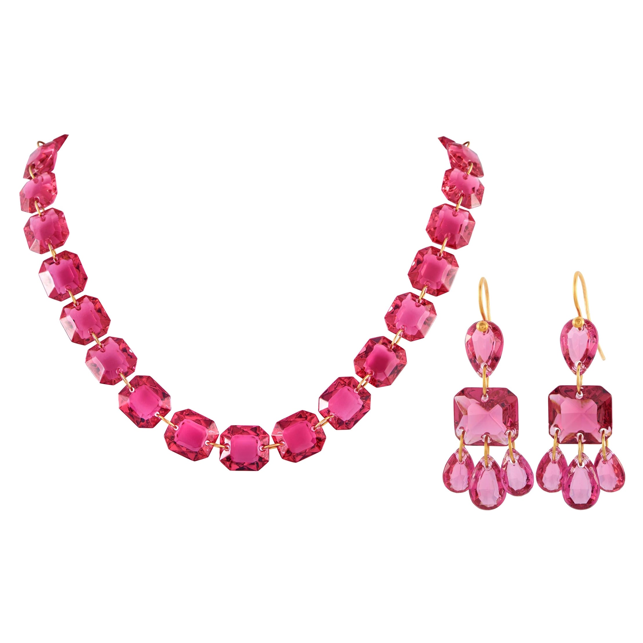 Baccarat 18K Yellow Gold Red Crystal Necklace and Earrings Set