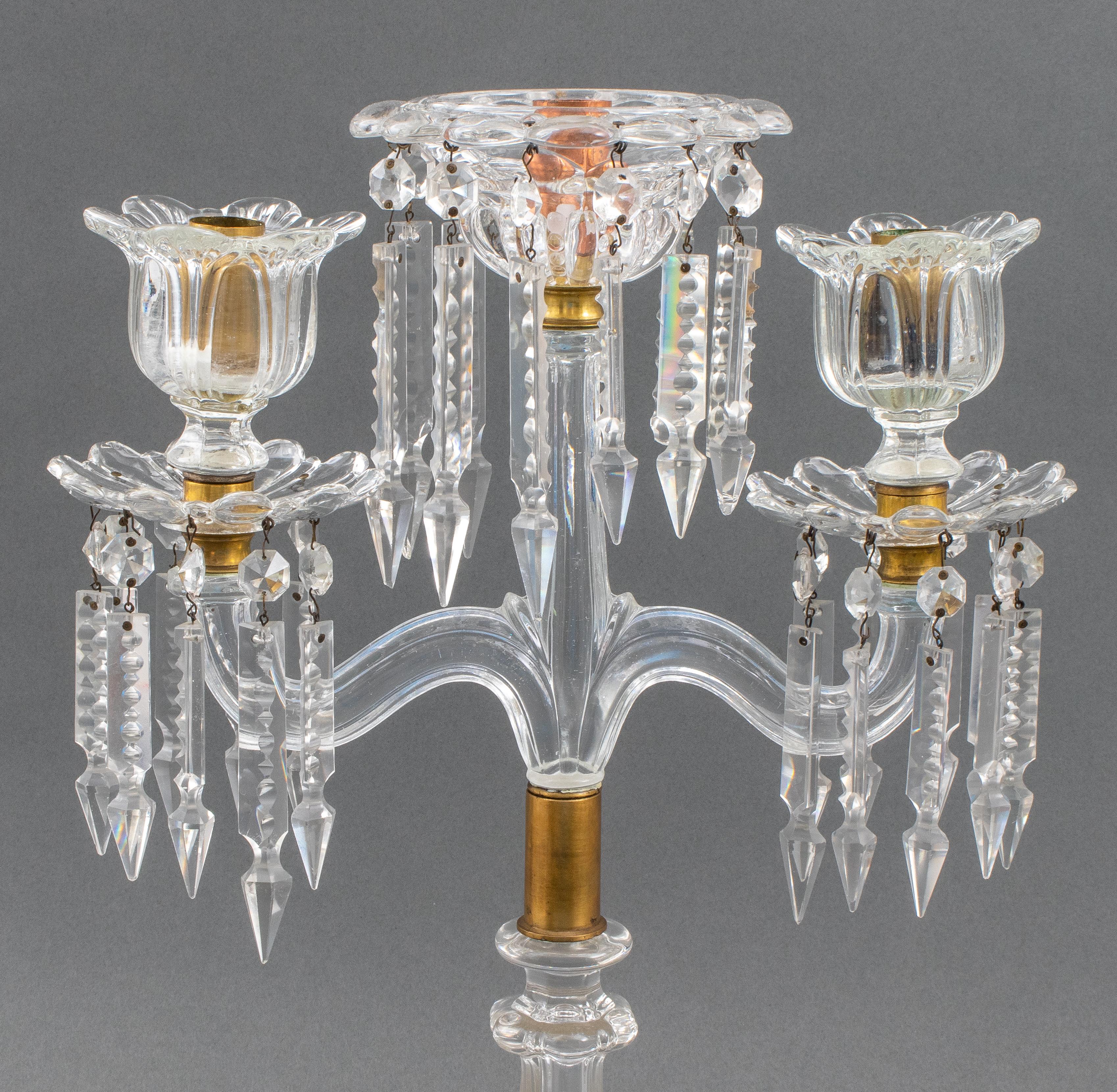 Pair of French Baccarat glass candelabra with three arms, unmarked. 
Measures: 18.25