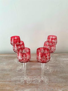 Baccarat - 6 Pink Overlay Crystal Wine Glasses - Hyères - Art Nouveau - France