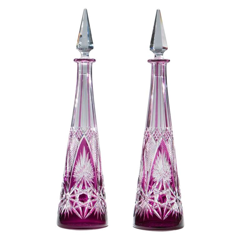 Baccarat Amethyst Overlay Cut to Clear 16" tall Decanter W/ Pyramid Stopper