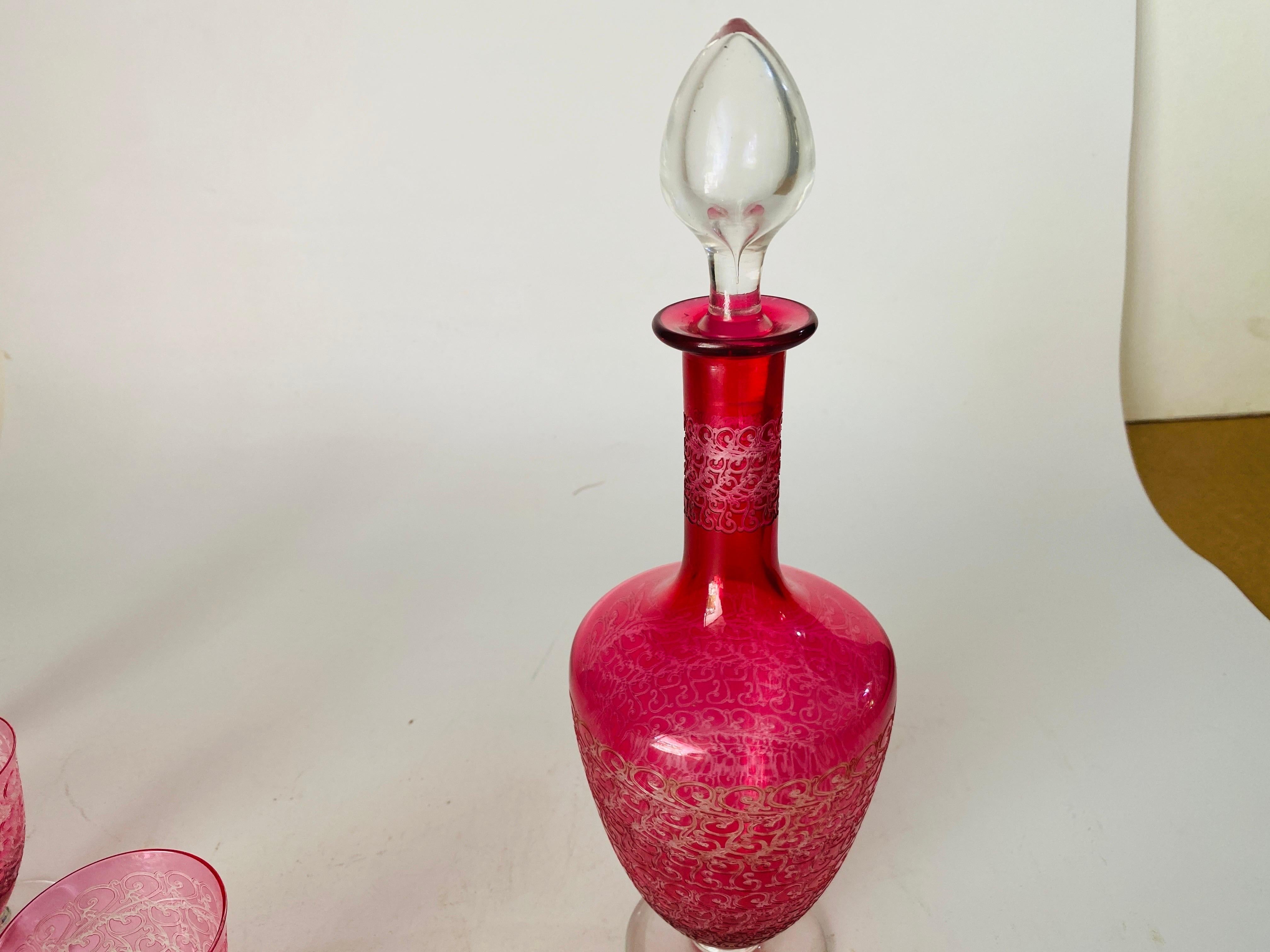 Baccarat Art Deco Crystal Decanter and Six Red Glasses Rohan Model For