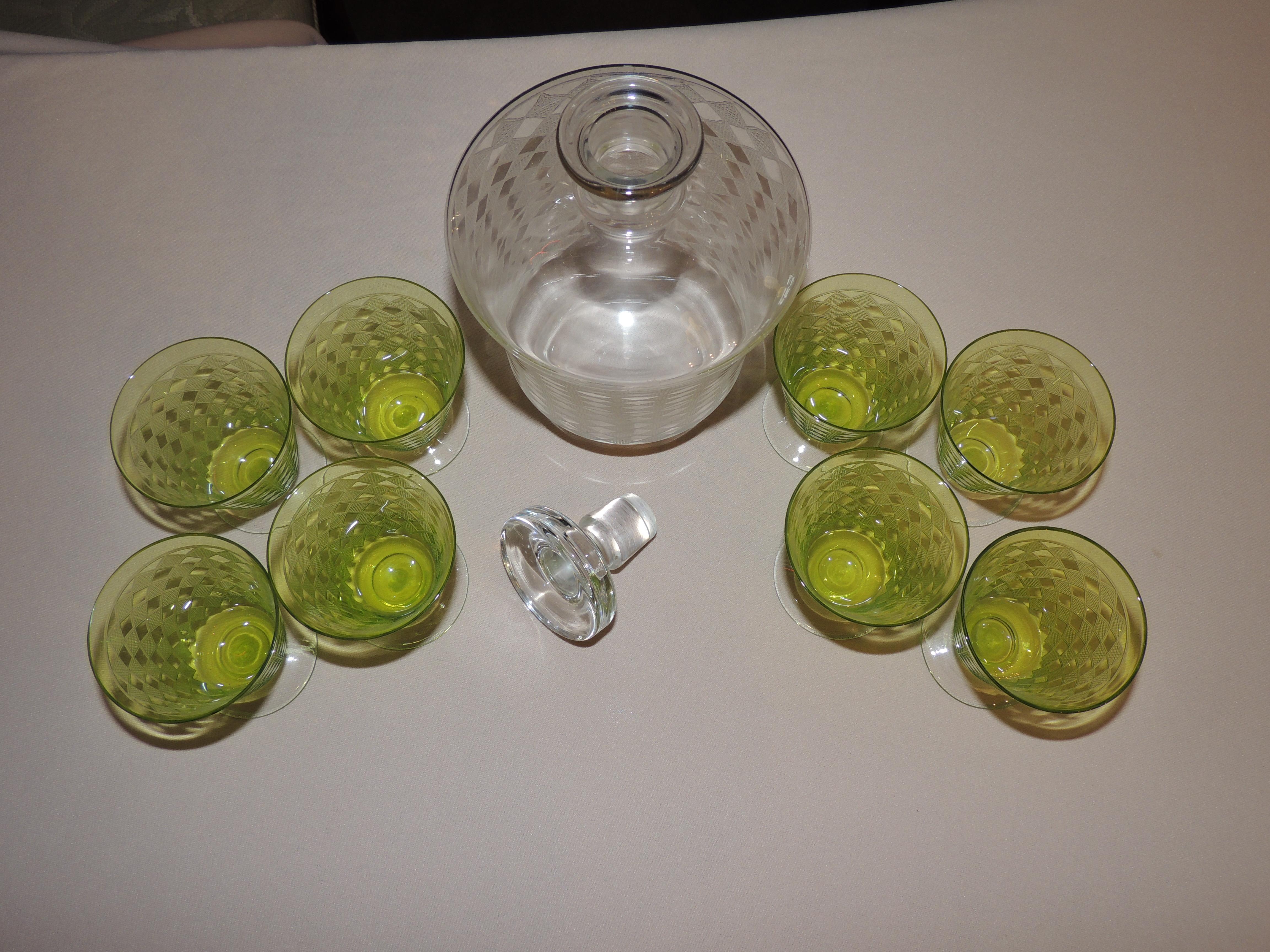 French Baccarat Art Deco Decanter and Green Glasses