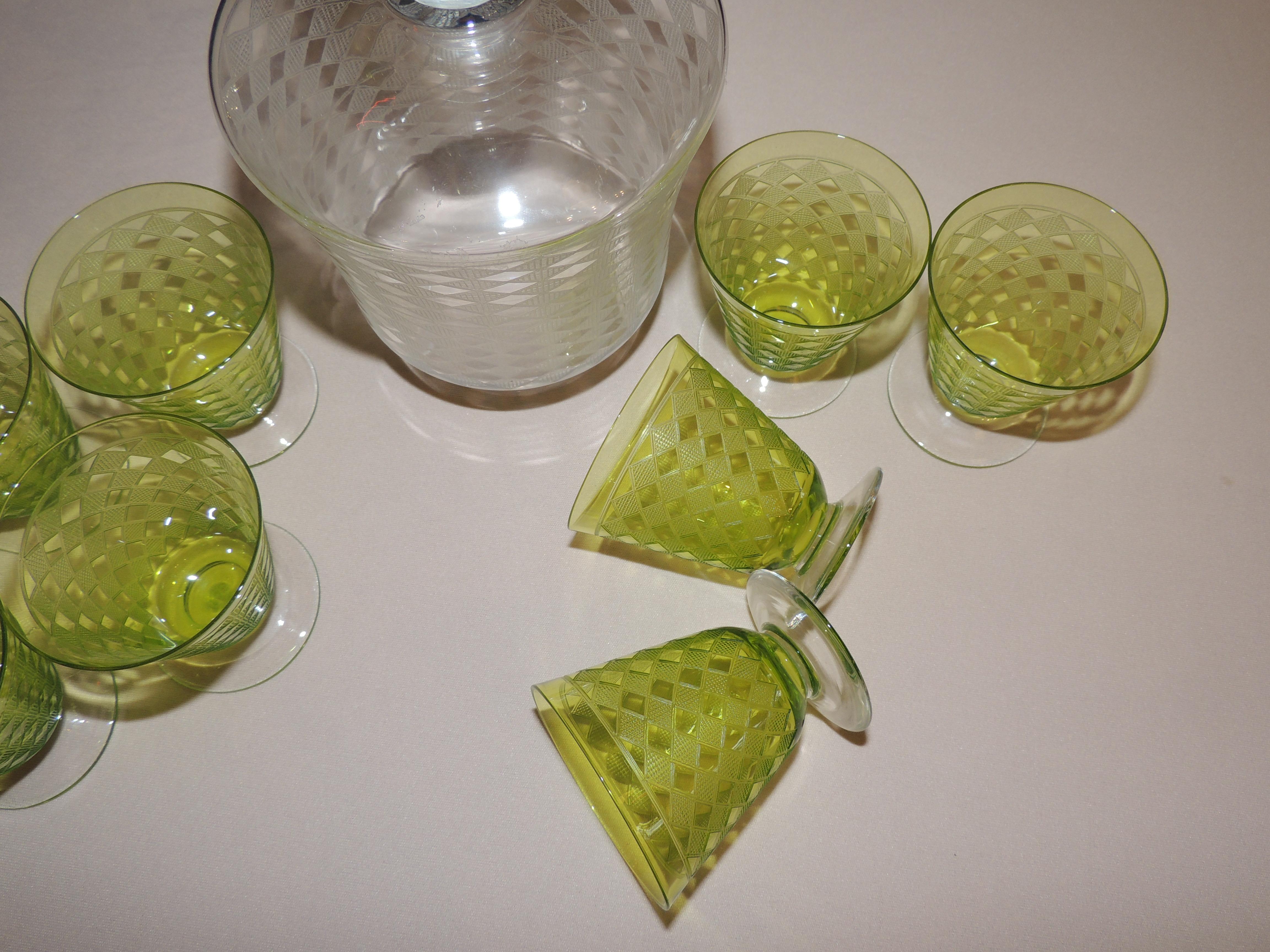 Baccarat Art Deco Decanter and Green Glasses In Good Condition In Oakland, CA