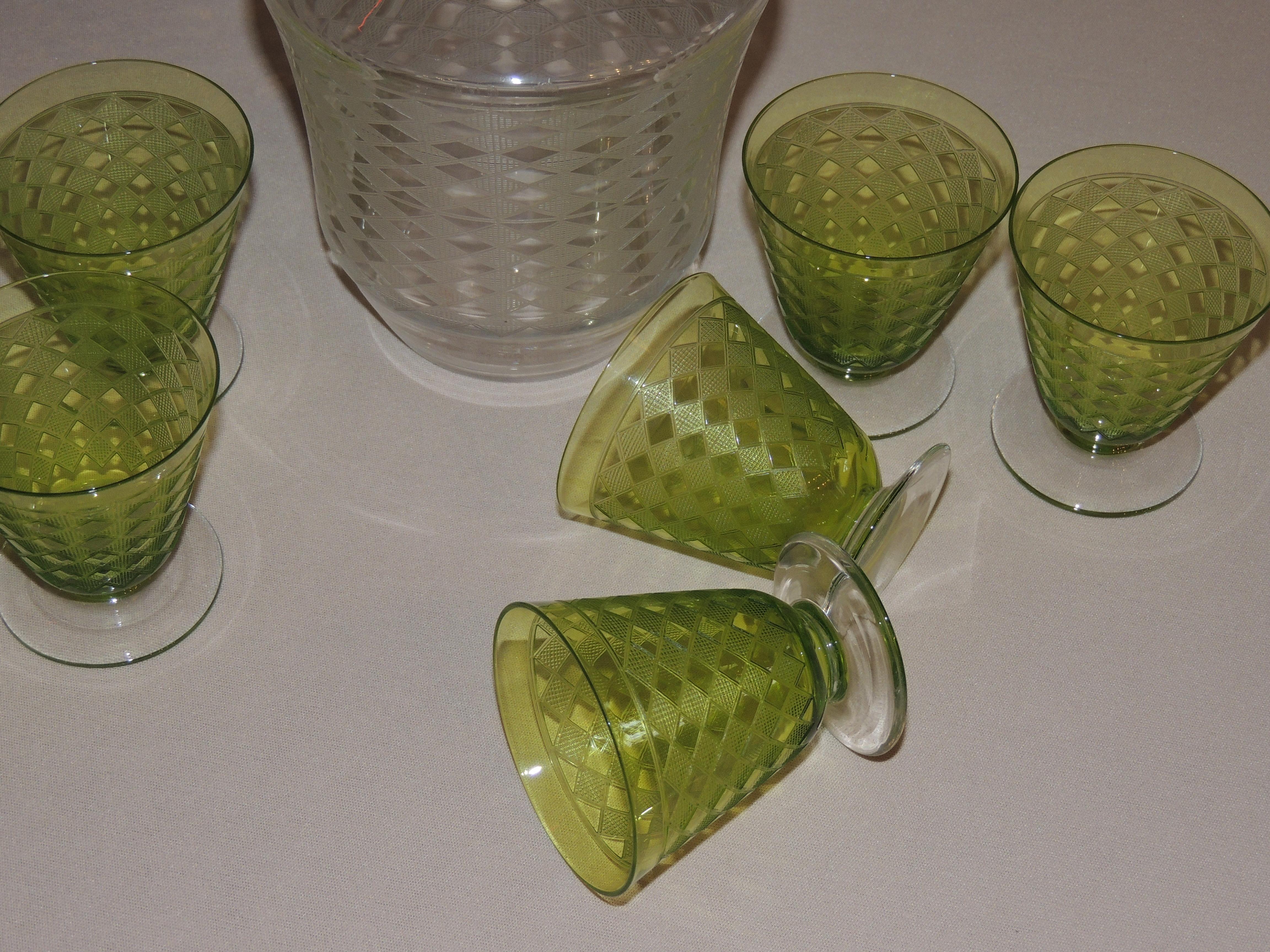 Mid-20th Century Baccarat Art Deco Decanter and Green Glasses