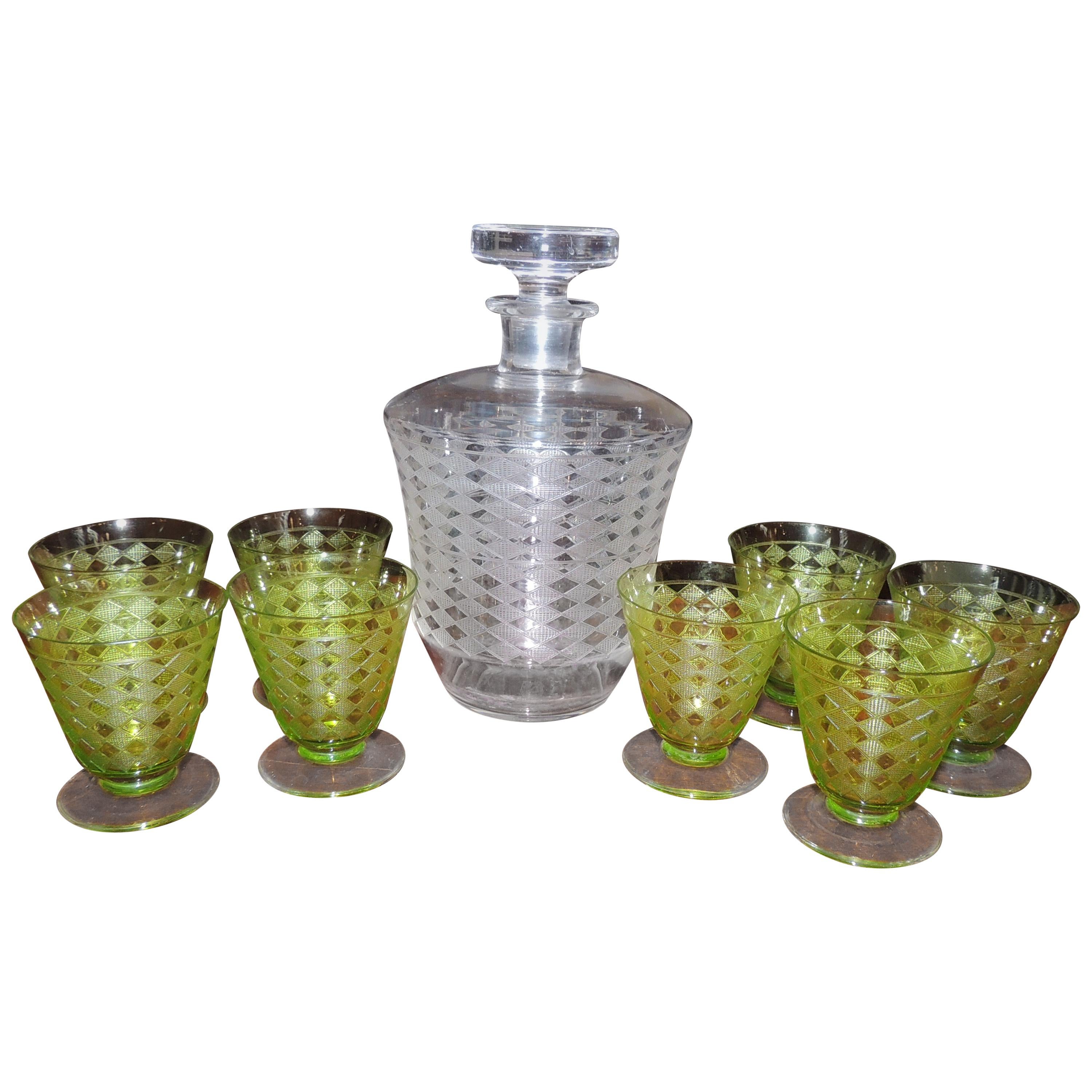 Baccarat Art Deco Decanter and Green Glasses