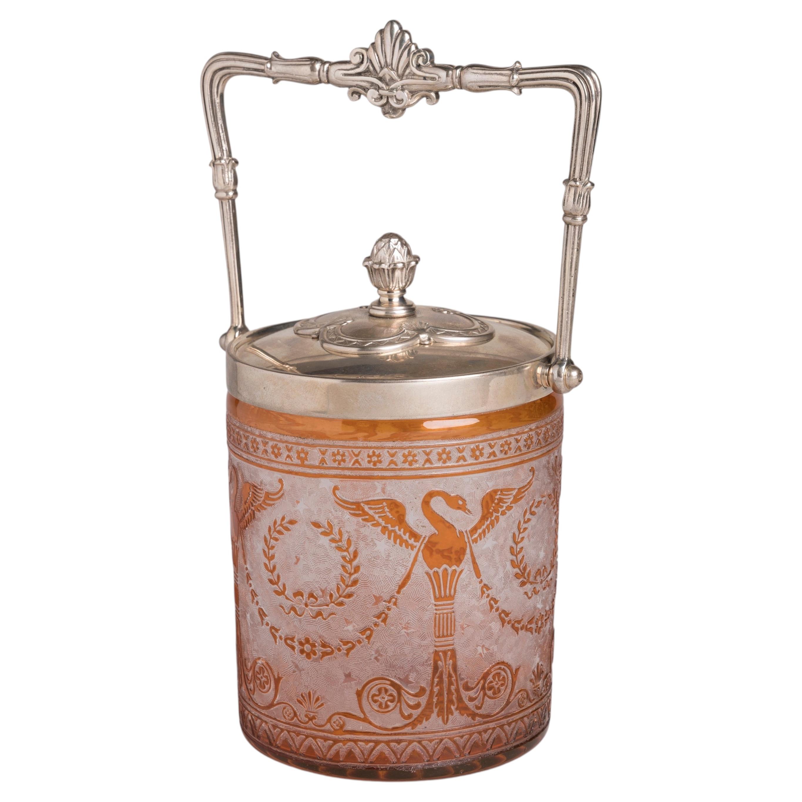 Baccarat Attributed Amber Glass Biscuit Jar and Silver Lid, Circa 1890 For Sale