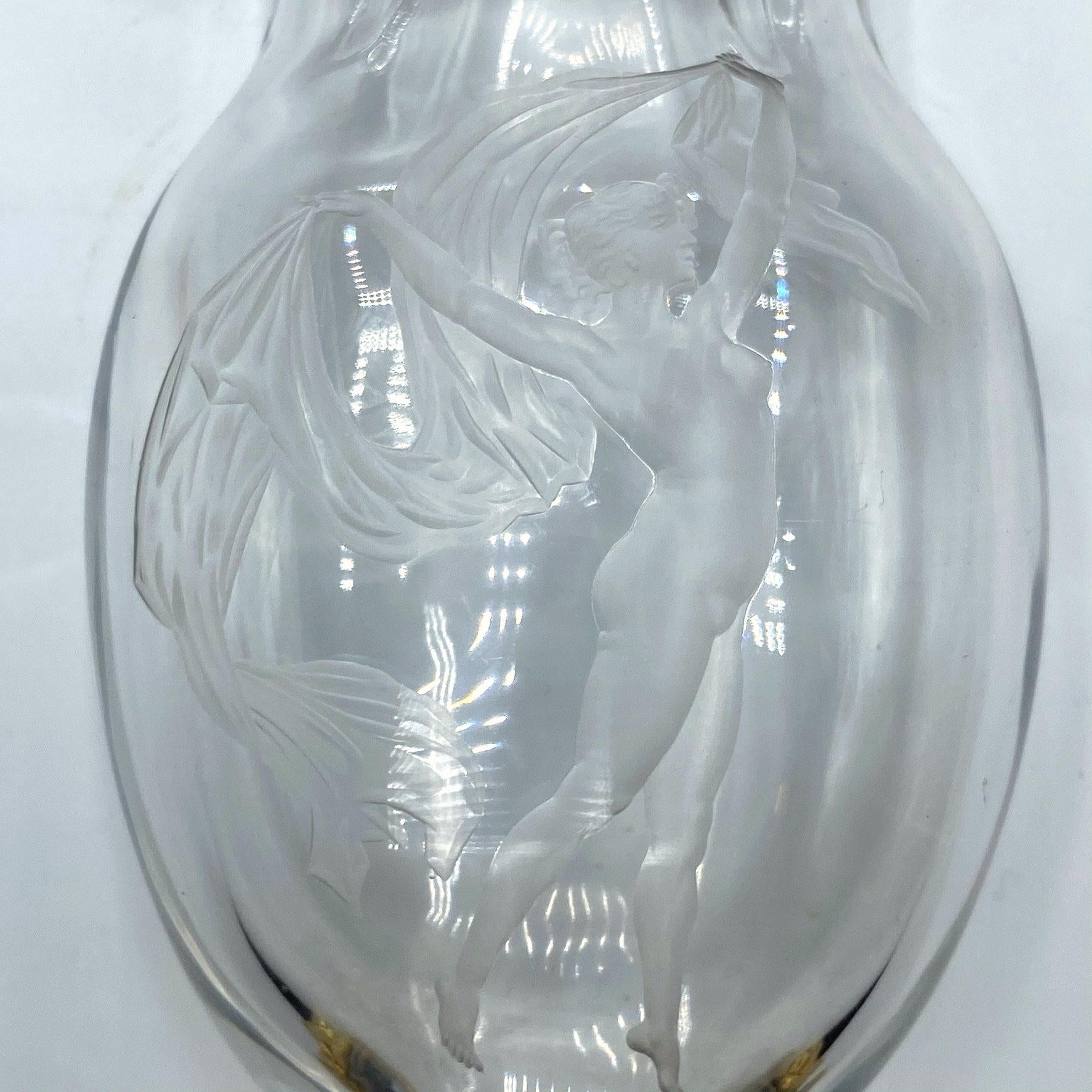 Baccarat Attributed Crystal Gilded Silver Mounted Engraved Vase For Sale 4