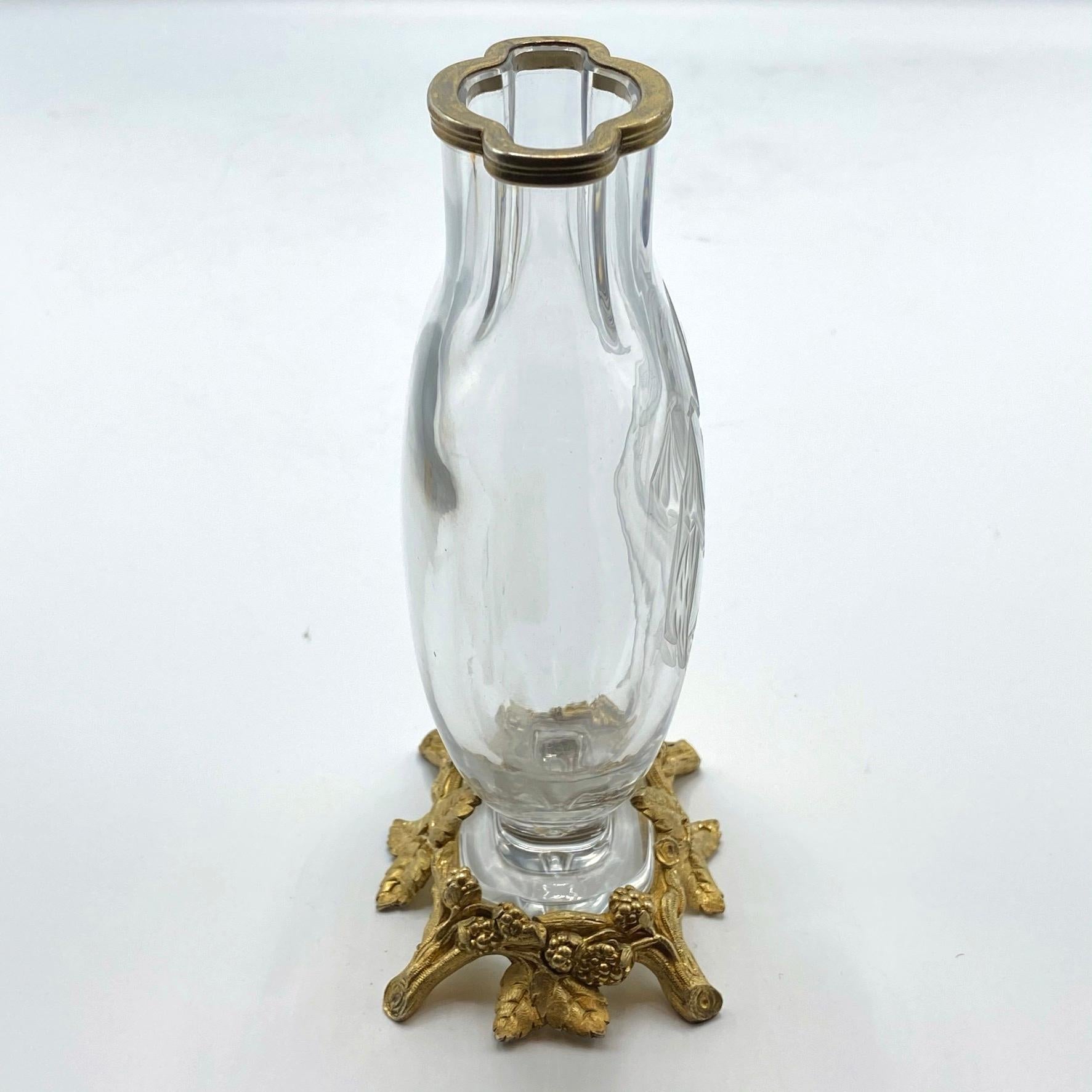 Art Nouveau Baccarat Attributed Crystal Gilded Silver Mounted Engraved Vase For Sale