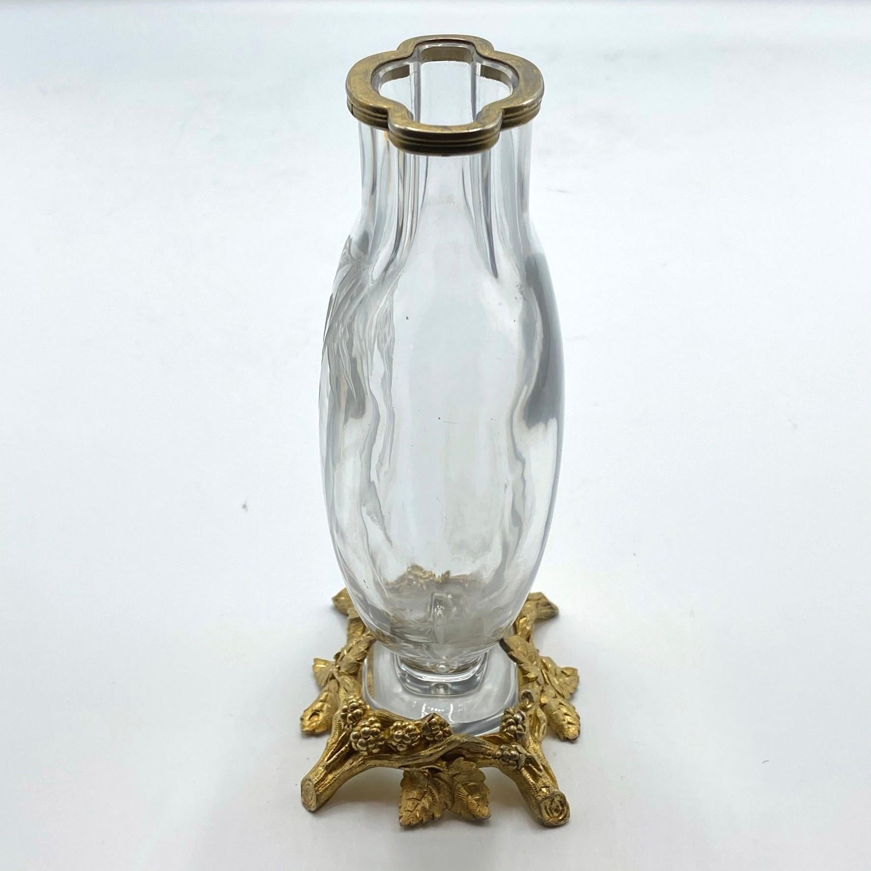 French Baccarat Attributed Crystal Gilded Silver Mounted Engraved Vase For Sale