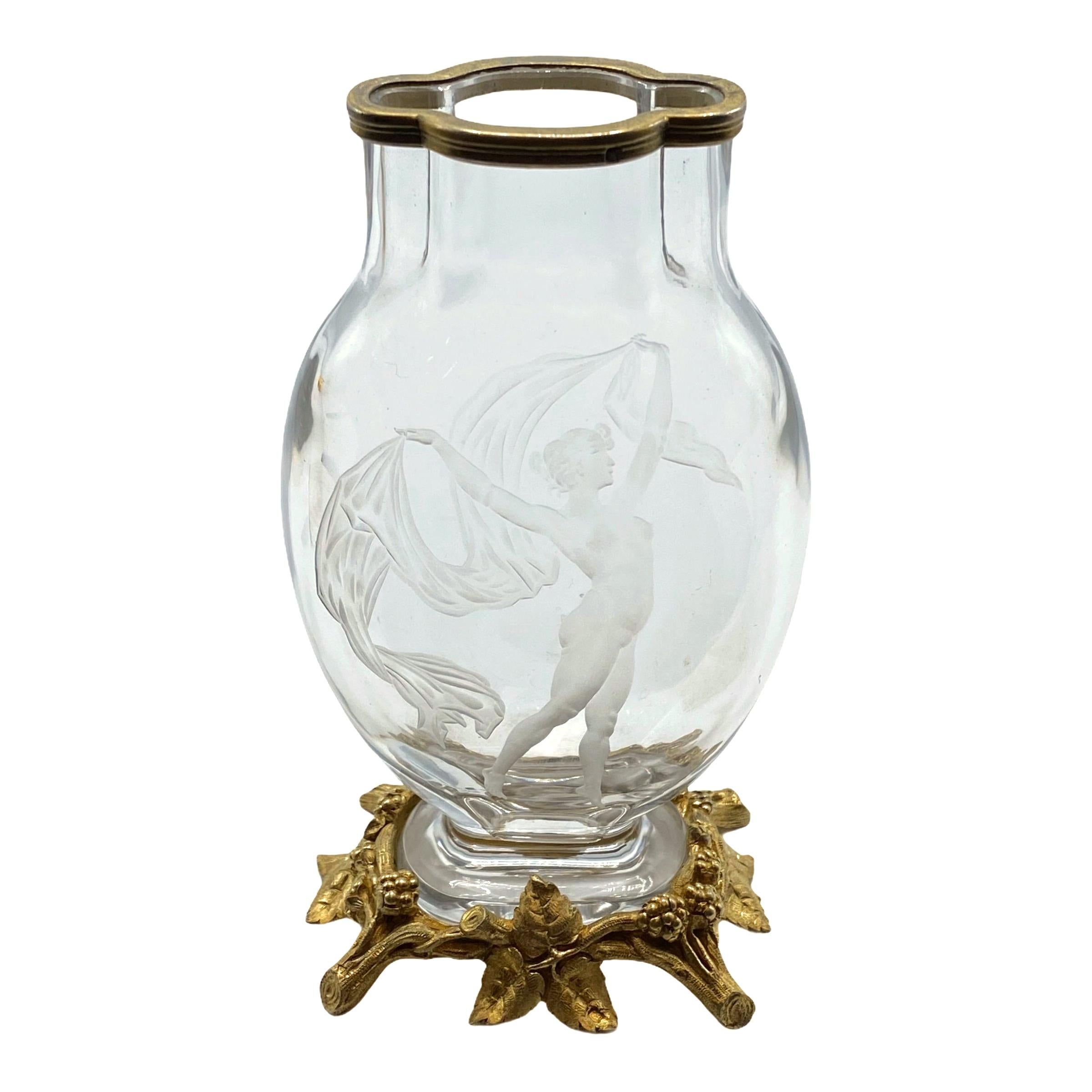 Baccarat Attributed Crystal Gilded Silver Mounted Engraved Vase For Sale