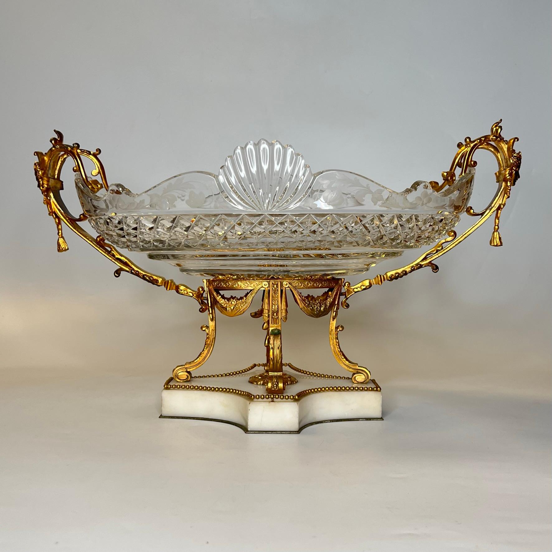 Neoclassical Revival Baccarat Attributed Gilt Bronze and Cut Glass Centerpiece Bowl For Sale
