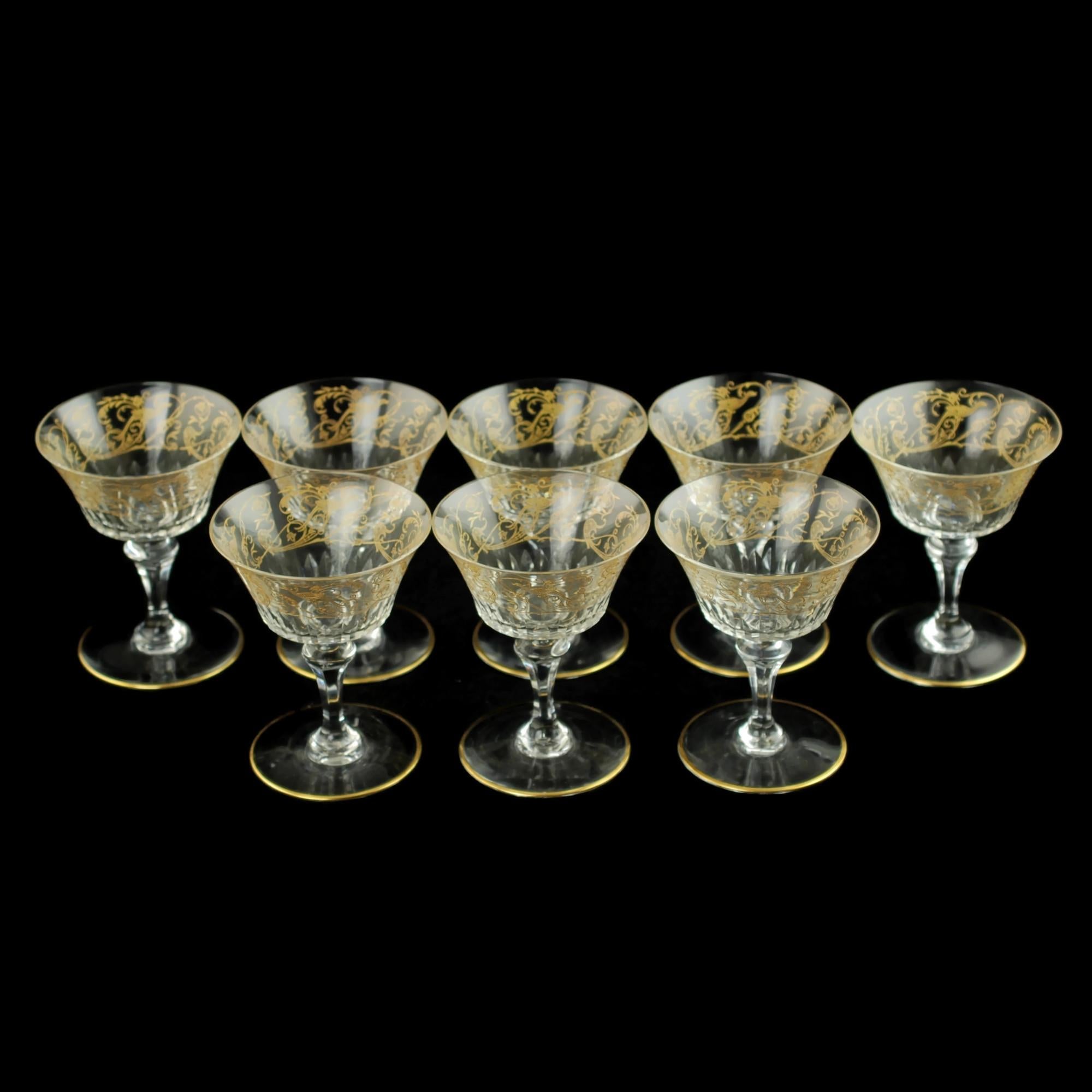 Empire Revival Baccarat Bergame Parme Gilt Etched Crystal Glasses with Paneled Stems Set of 16 For Sale