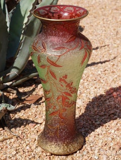 Baccarat Carved, Layered and Gilt Art Nouveau Raspberry Red Vase
