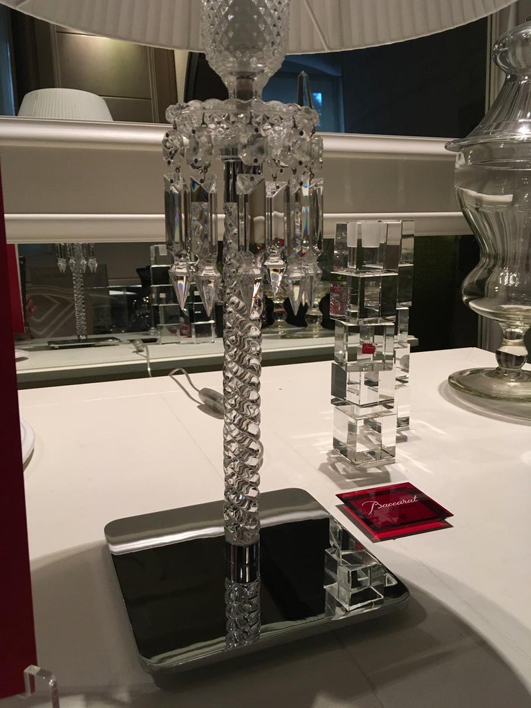 Hand-Crafted Baccarat Clear Crystal Table Lamp Arik Levy Design with Silk Lampshade For Sale