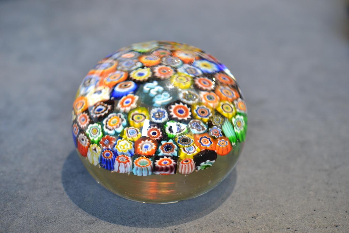 Inset with assorted brightly colored canes, signed with the date cane 1832, 8.1cm diameter, 5.6cm high.