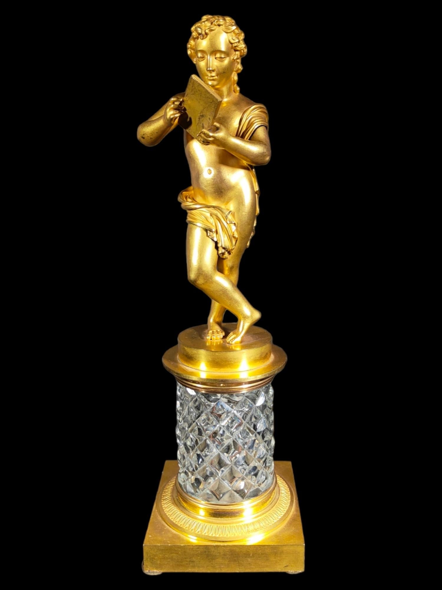 Baccarat crystal and gilt bronze figurine
Figure in french gold bronze with baccarat sculpted glass base. The quality of the bronze is exquisite and the assembly is very decorative. 19th century. Measures: 46 cm height.