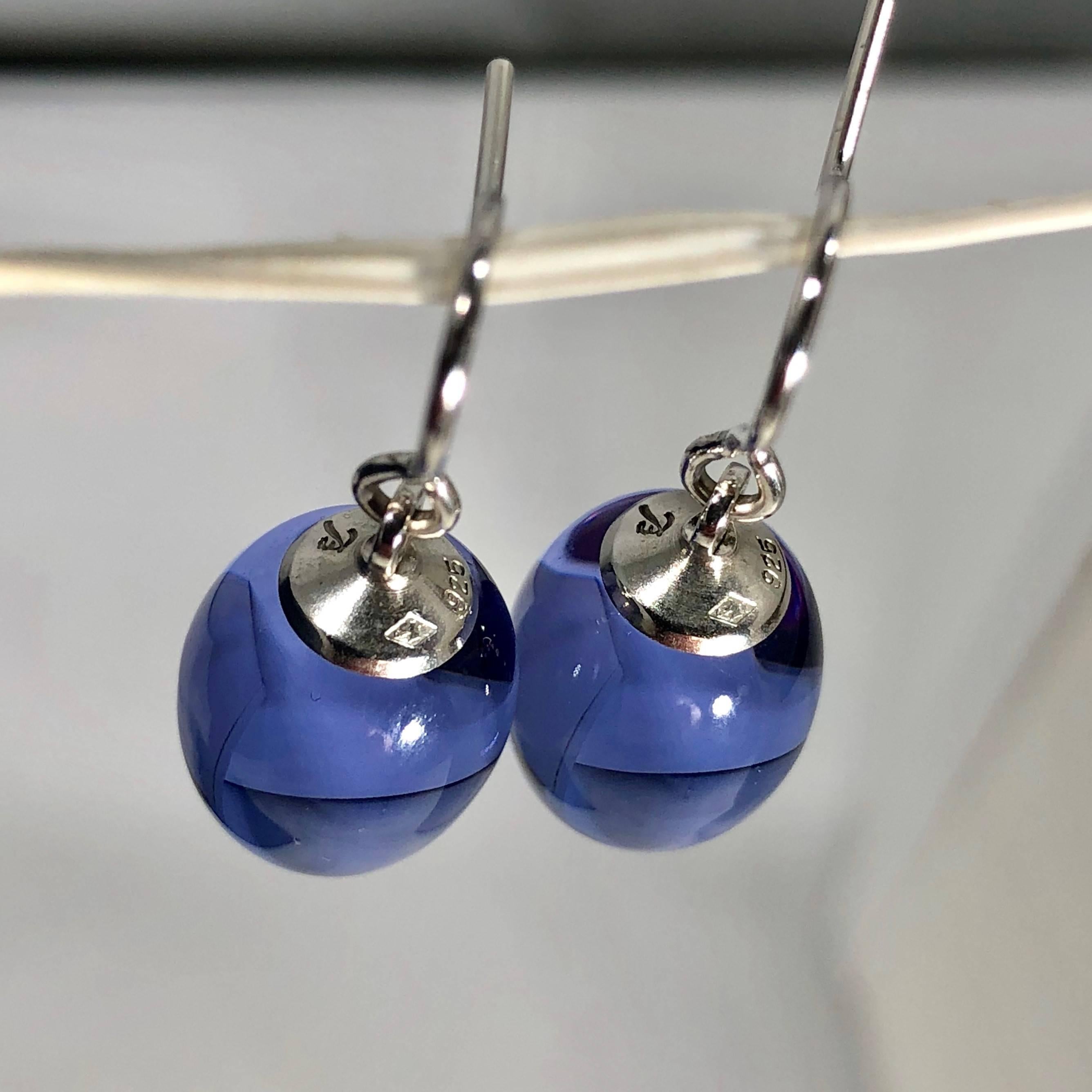 Women's or Men's Baccarat Crystal and Sterling Silver Blue Irridescent Drop Earrings