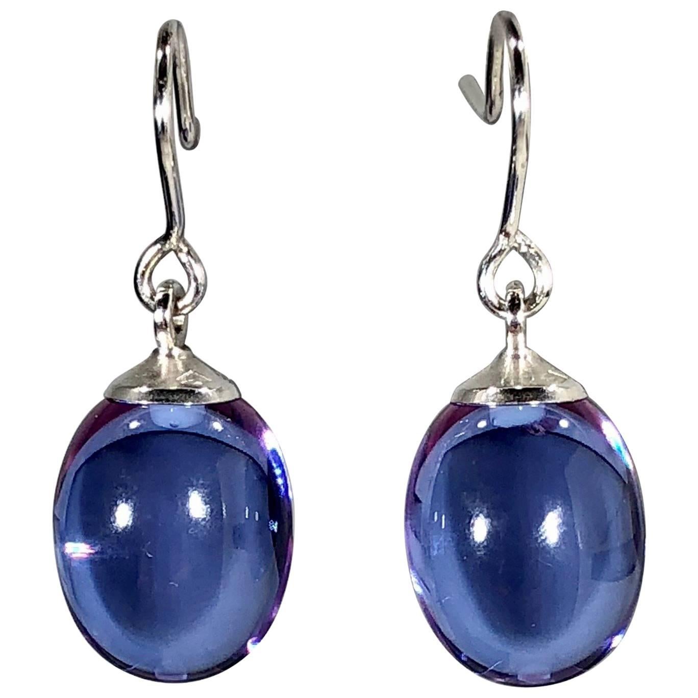 Baccarat Crystal and Sterling Silver Blue Irridescent Drop Earrings