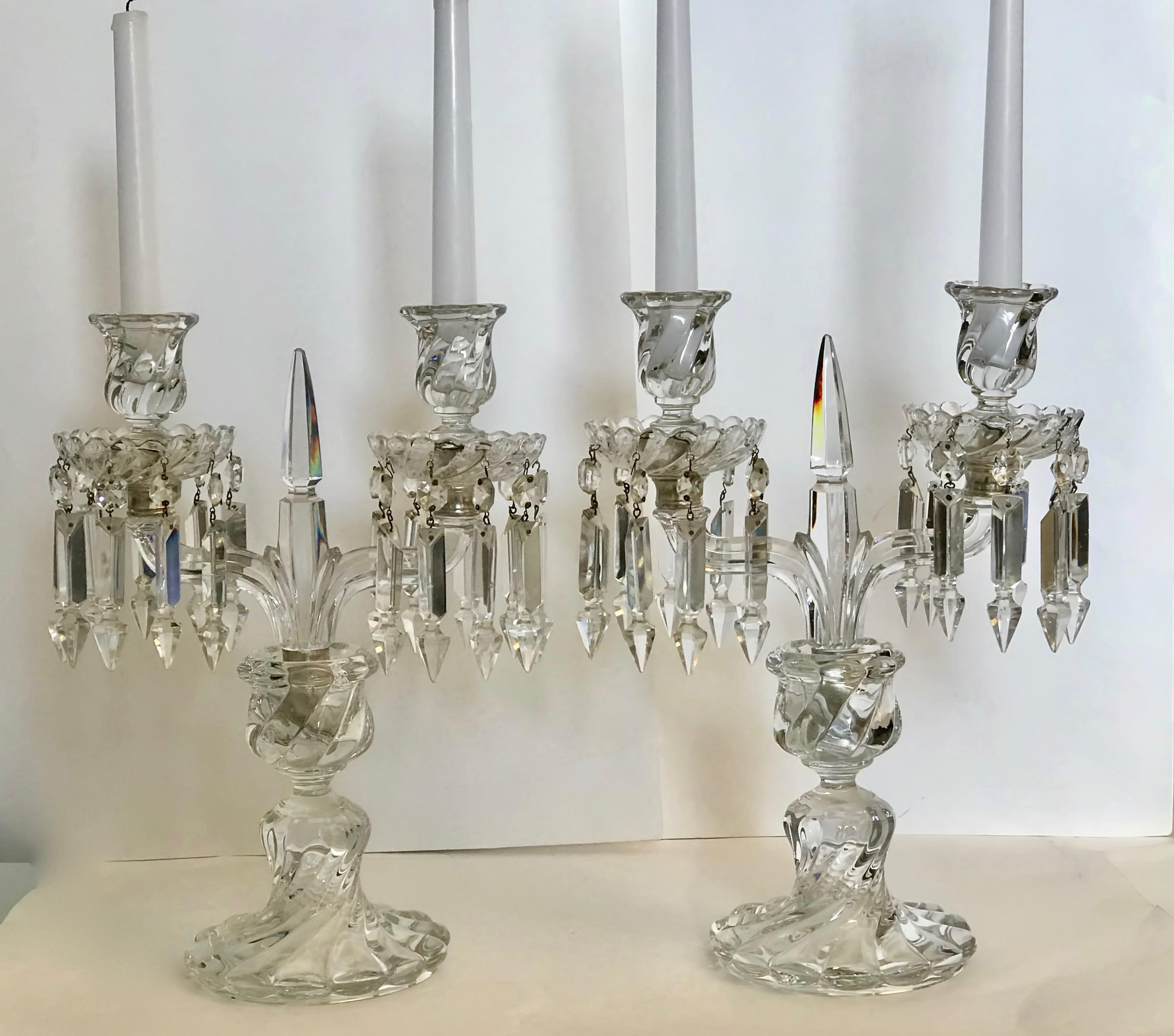 French Pair of Antique Baccarat Crystal Bamboo Swirl Candleholders  For Sale