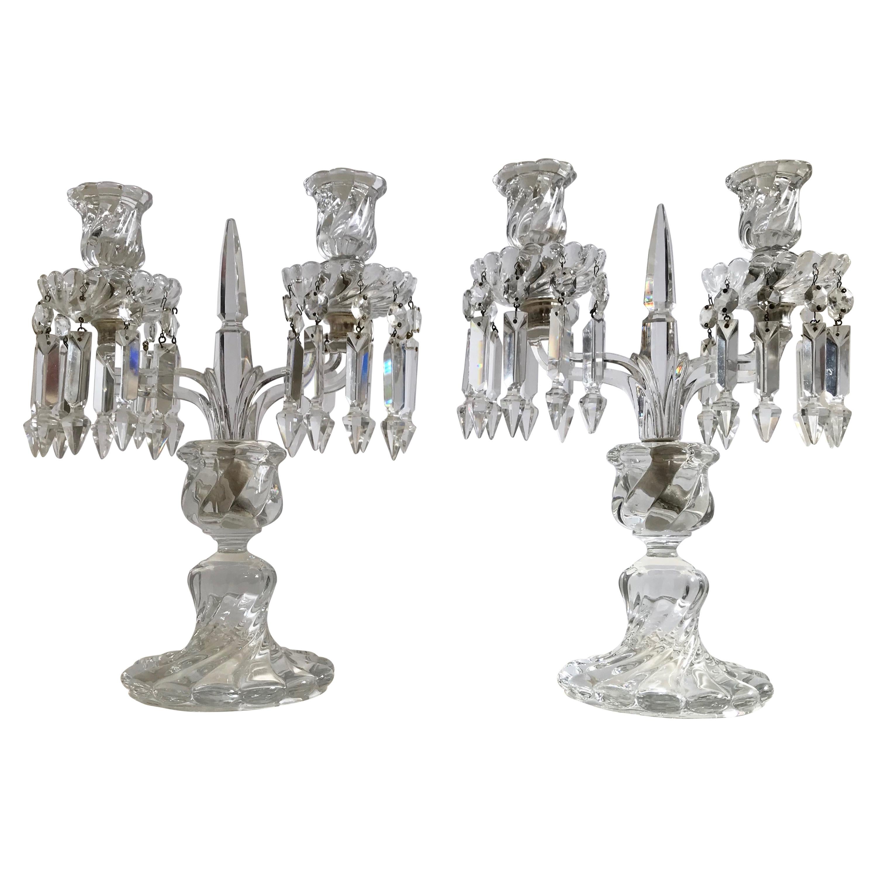 Pair of Antique Baccarat Crystal Bamboo Swirl Candleholders  For Sale