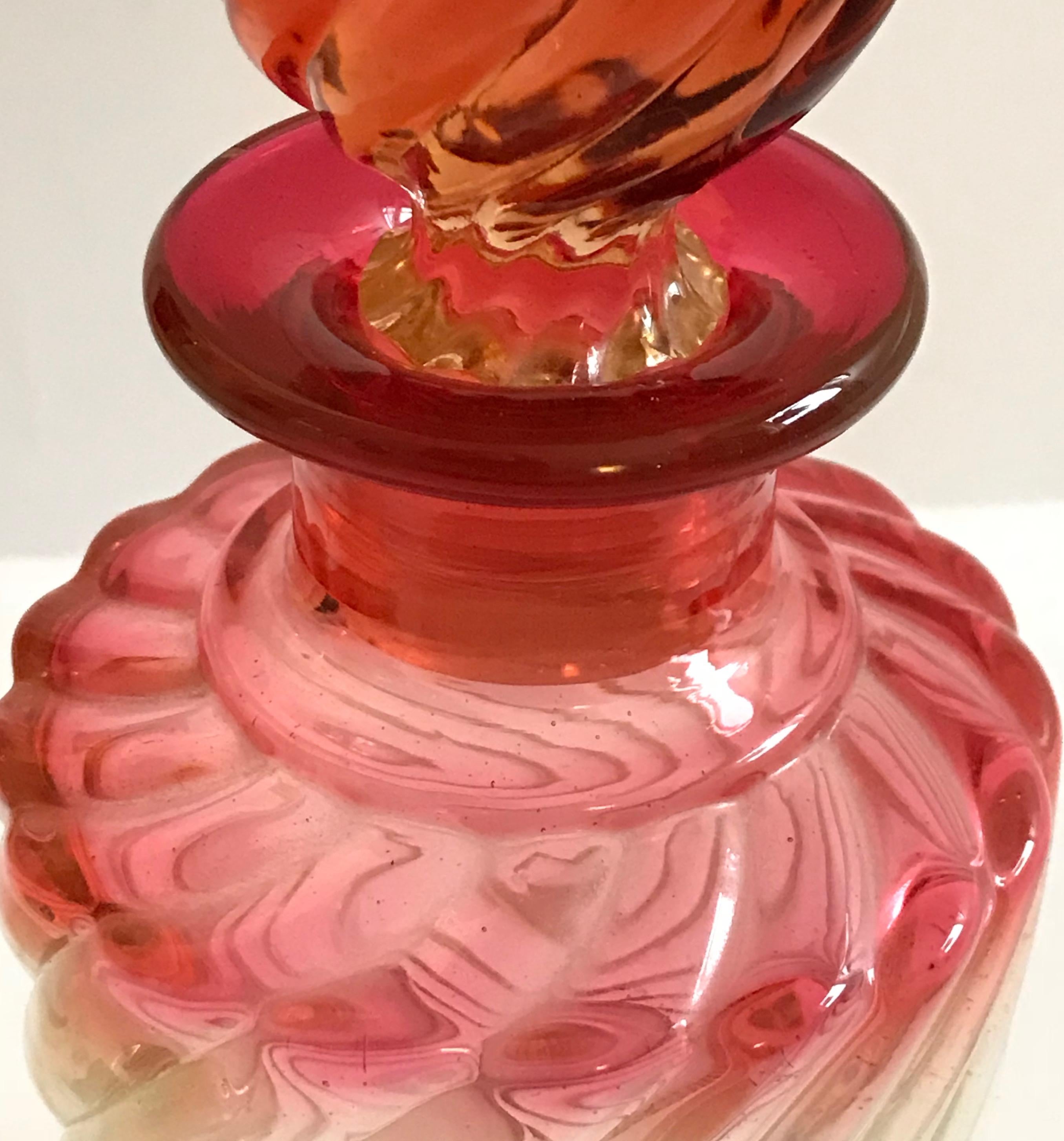 Large crystal Baccarat perfume bottle, swirled Bamboo pattern. 
The colour turning from amber to cranberry on top. 
Original lid. Very clean without any milky deposit. 
Height: 21.00 cm
Diameter: 8.00 cm.