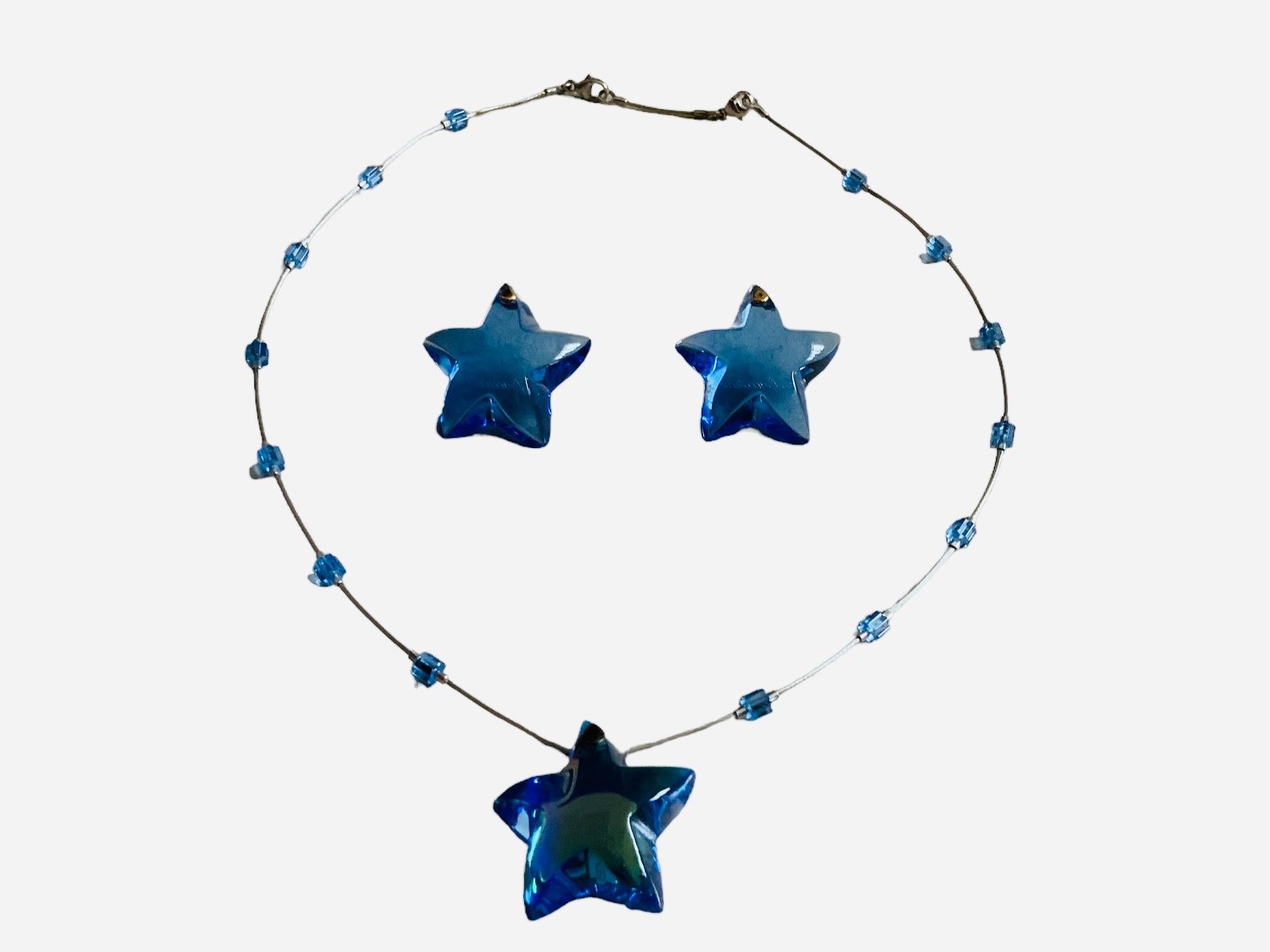 Modern Baccarat Crystal Blue Sky Stars Set of 925 Silver Necklace and 750 Gold Earrings For Sale