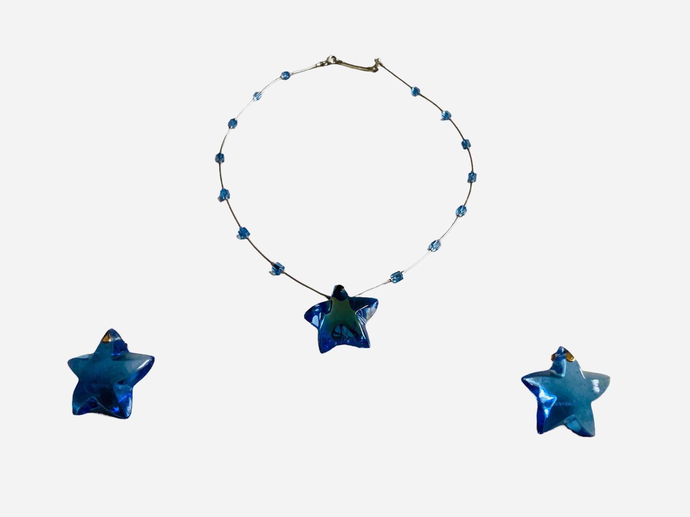 Mixed Cut Baccarat Crystal Blue Sky Stars Set of 925 Silver Necklace and 750 Gold Earrings For Sale