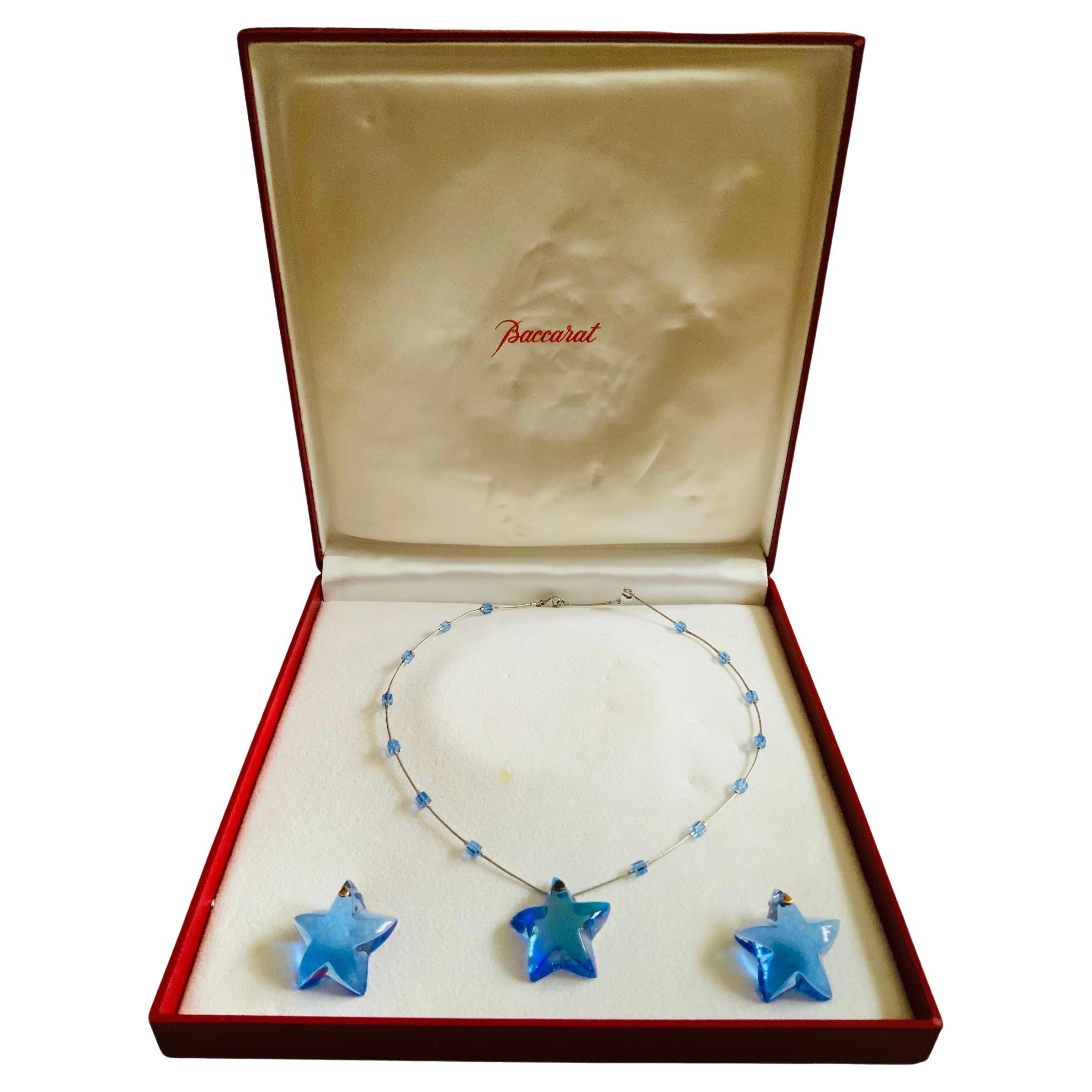 Baccarat Crystal Blue Sky Stars Set of 925 Silver Necklace and 750 Gold Earrings For Sale