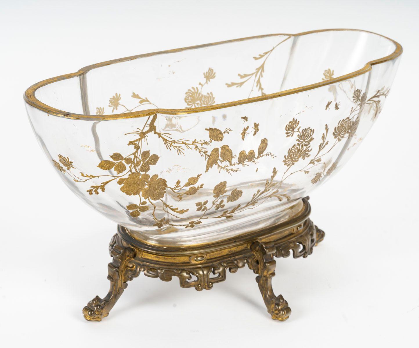 French Baccarat Crystal Bowl, Bronze Mounting, 19th Century, Napoleon III Period. For Sale