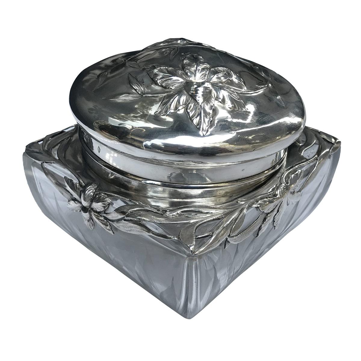 Art Nouveau Baccarat Crystal Box mounted Sterling Silver on dish by 