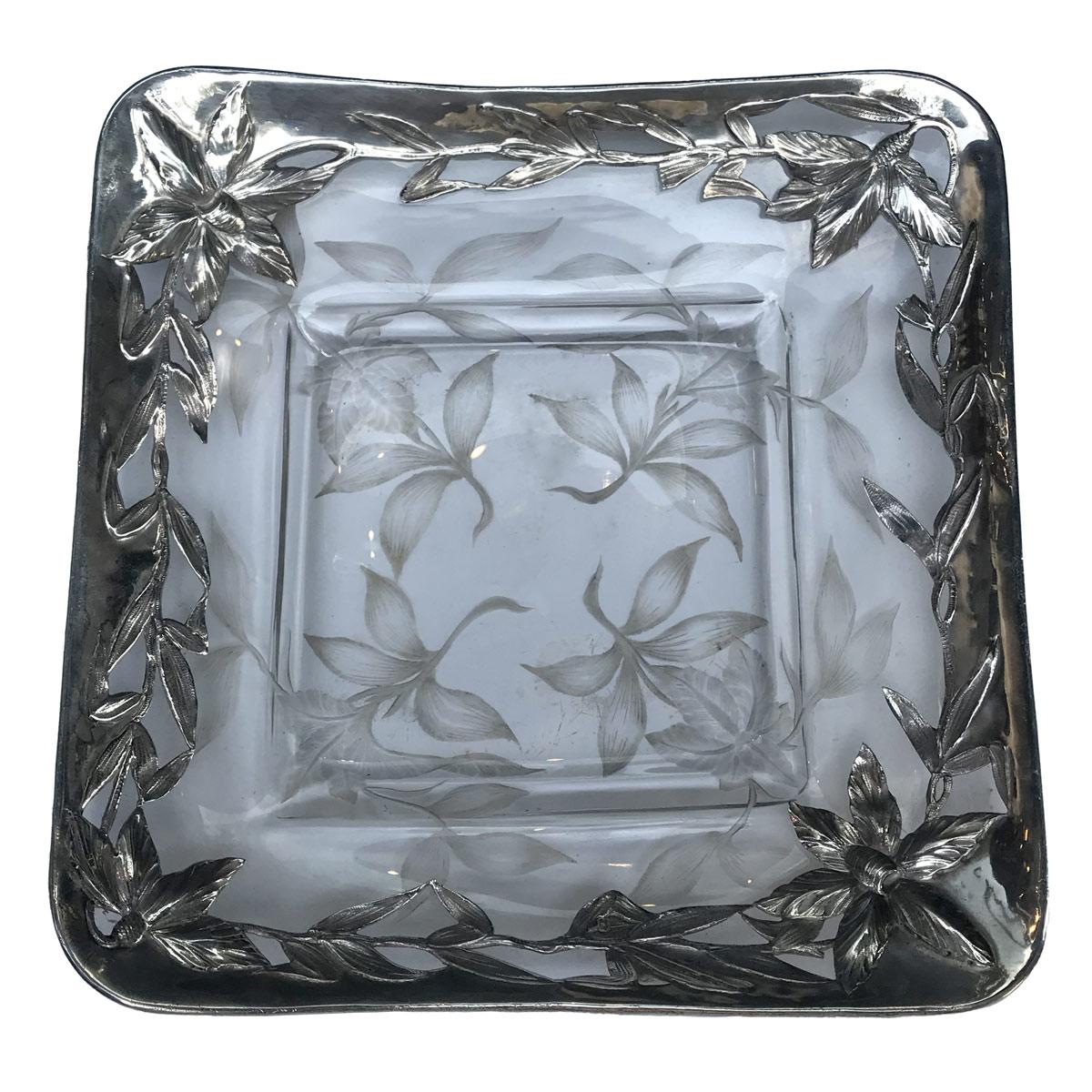 Engraved Baccarat Crystal Box mounted Sterling Silver on dish by 