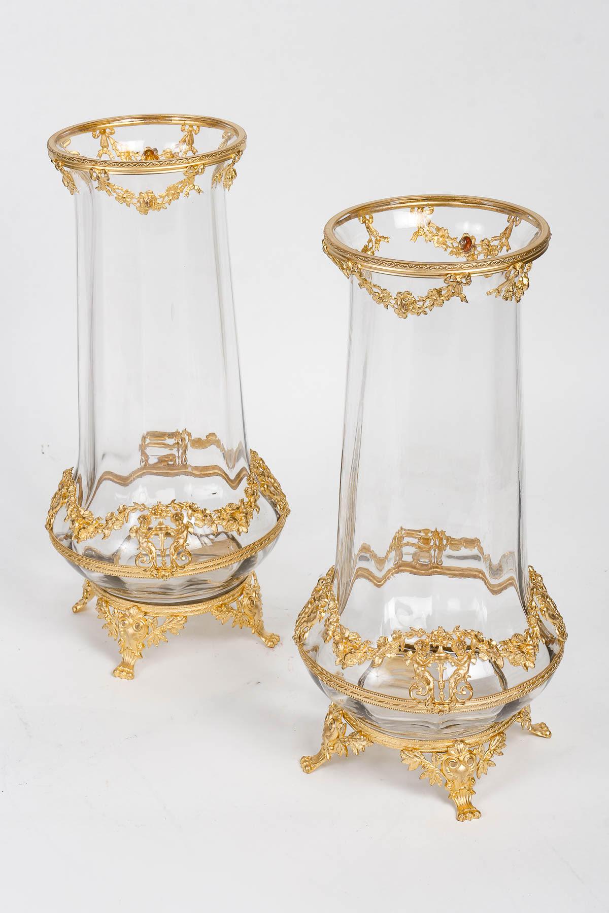 Décoration en cristal de Baccarat, monture en bronze ciselé et doré, 19e siècle.  Bon état - En vente à Saint-Ouen, FR