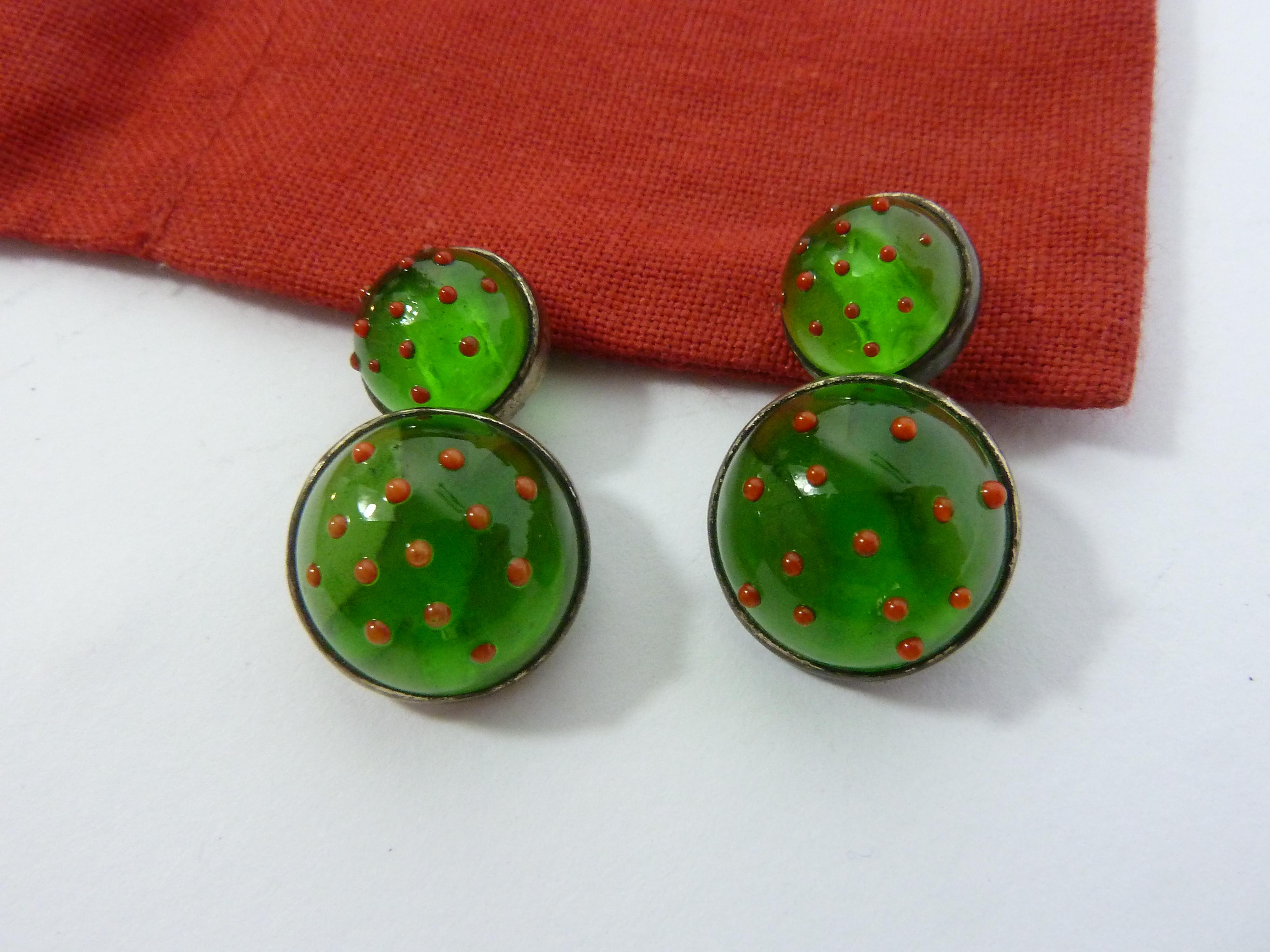 Baccarat Crystal Green Red Cufflinks 1990s 4
