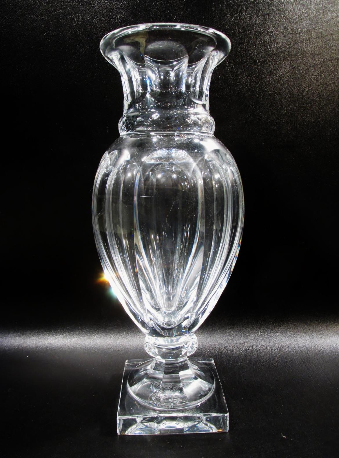 Wonderful large vintage 14.25” tall and 5.5” tall crystal paneled baluster vase. Today, Baccarat sells this piece as the Harcourt Amphora vase, when purchased it was known as the larger Marie-Louise flower vase with the large Baccarat anniversary